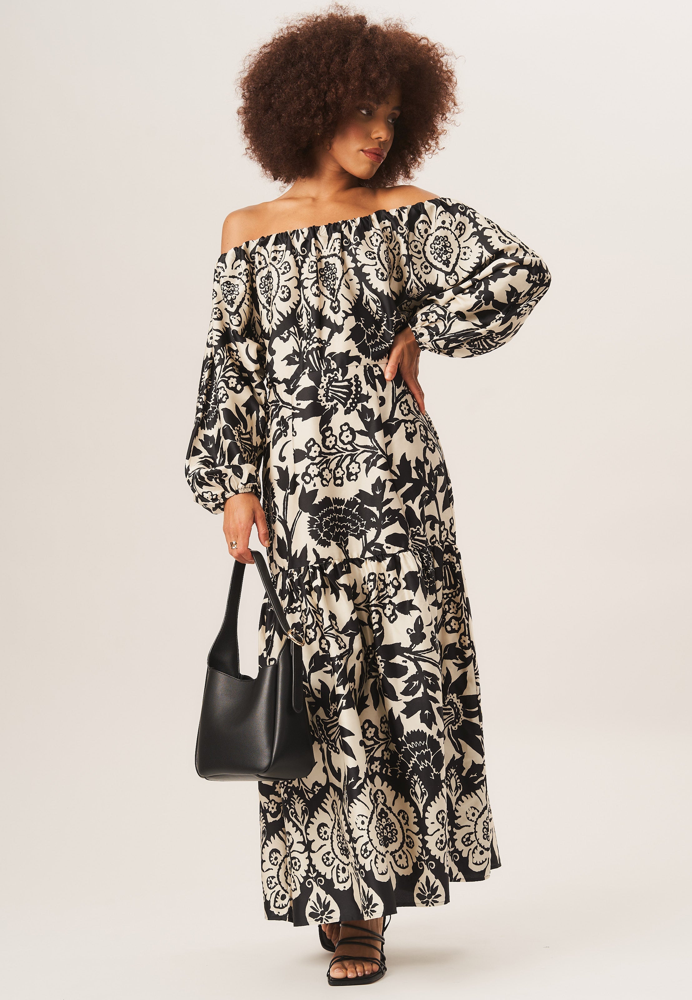 Mono Border Print Bardot Maxi Dress