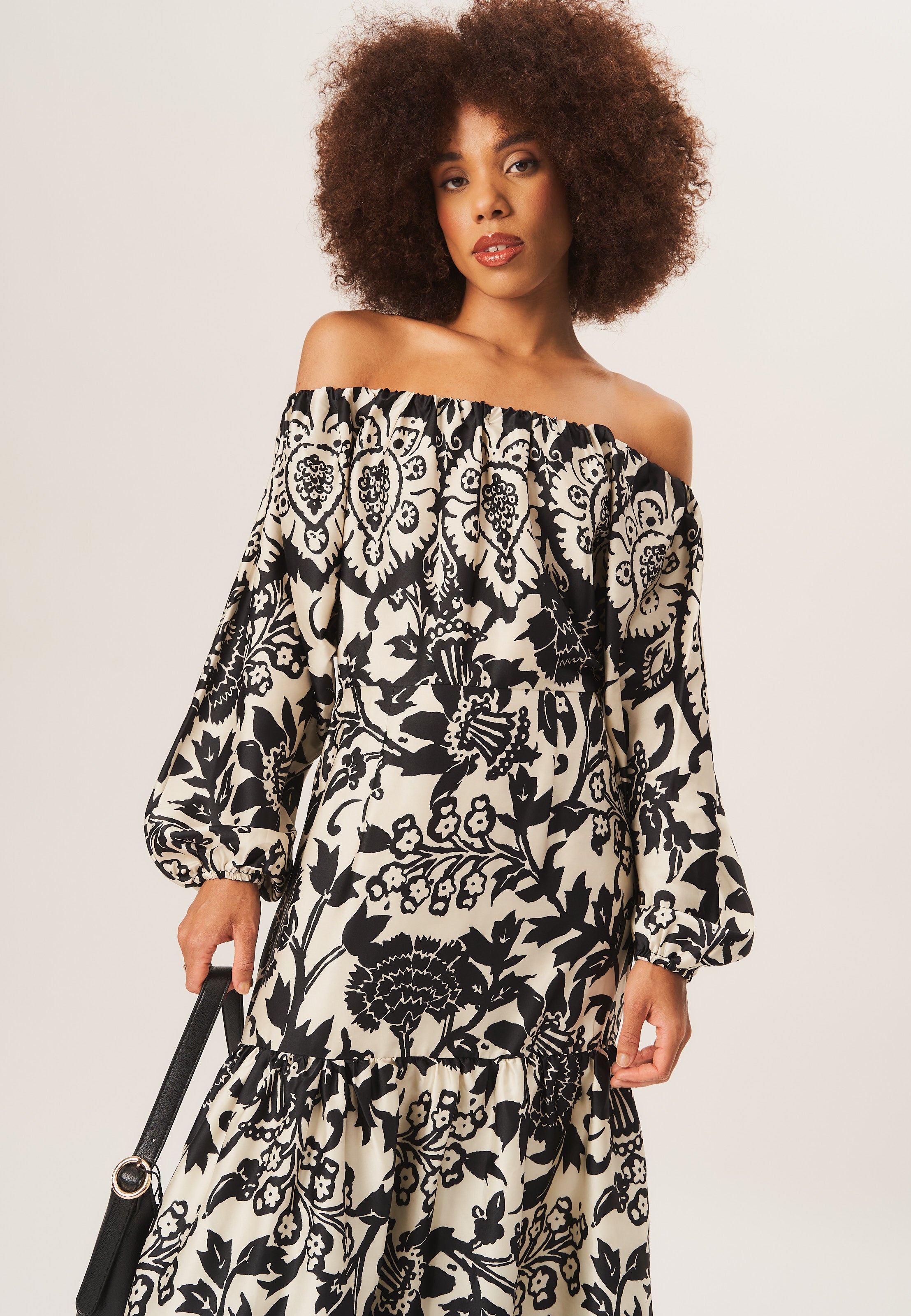 Mono Border Print Bardot Maxi Dress