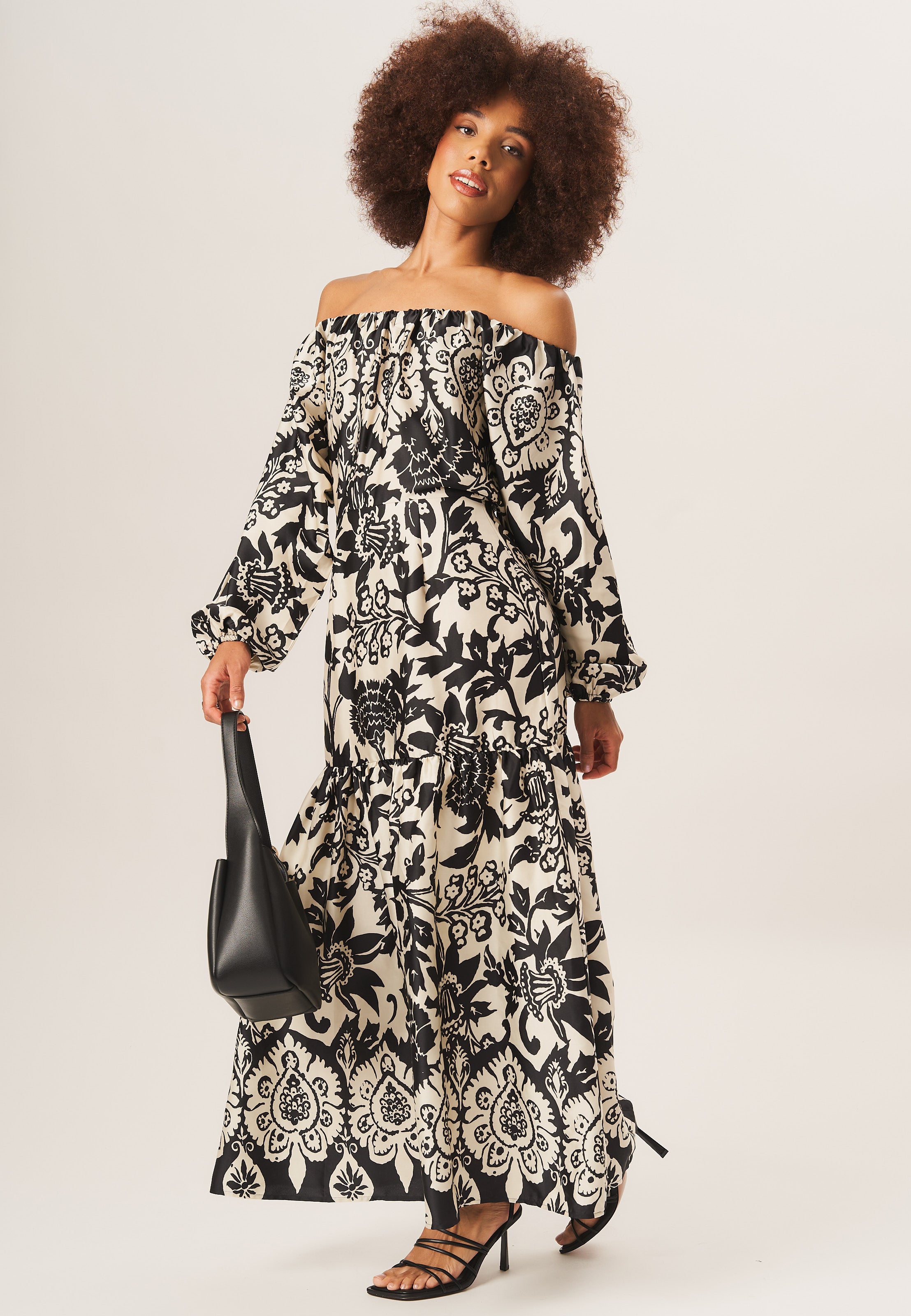 Mono Border Print Bardot Maxi Dress