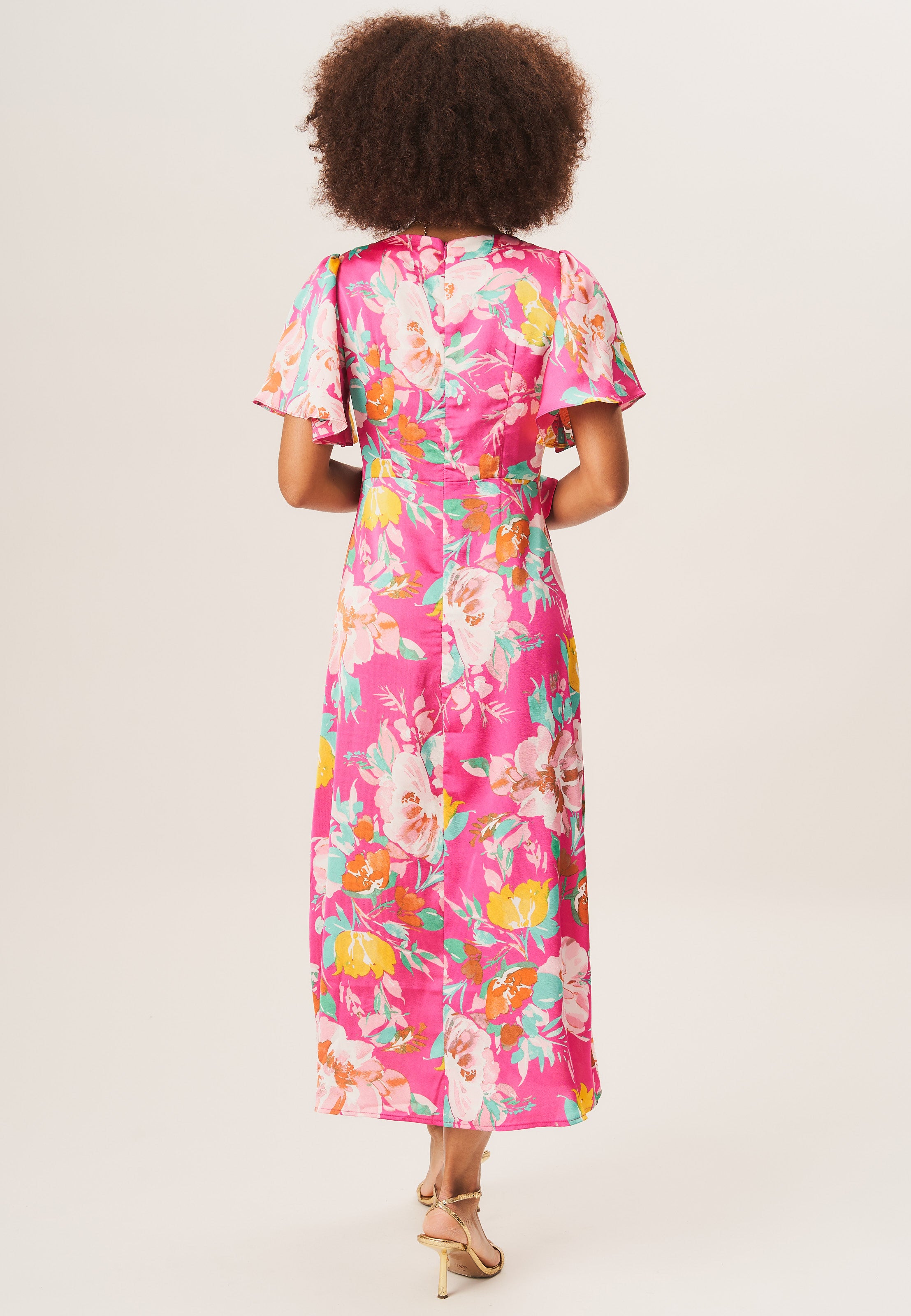 Pink Floral Print Angel Sleeves Midi Dress