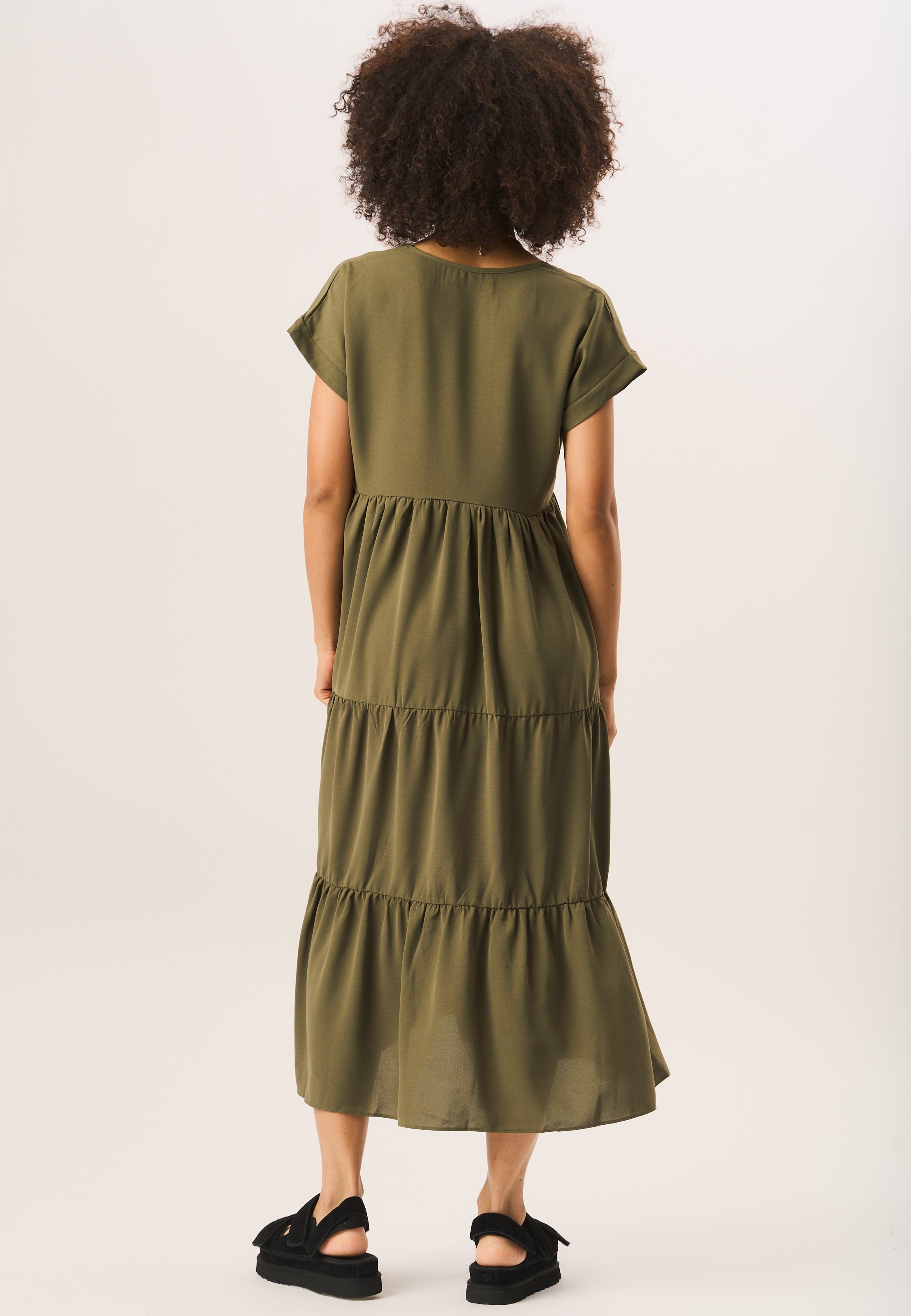 Khaki V Neck Tiered Midi Smock Dress