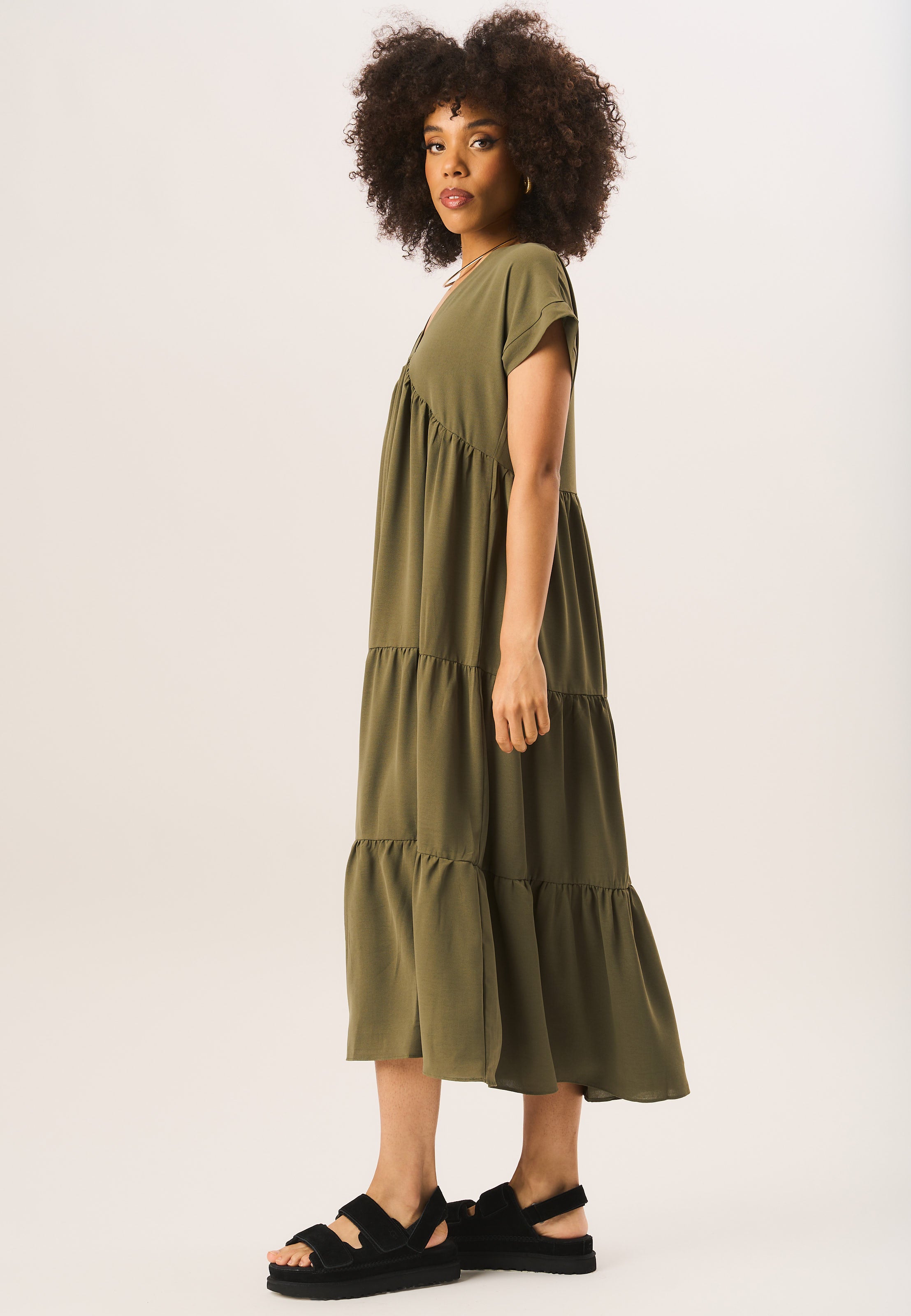 Khaki V Neck Tiered Midi Smock Dress