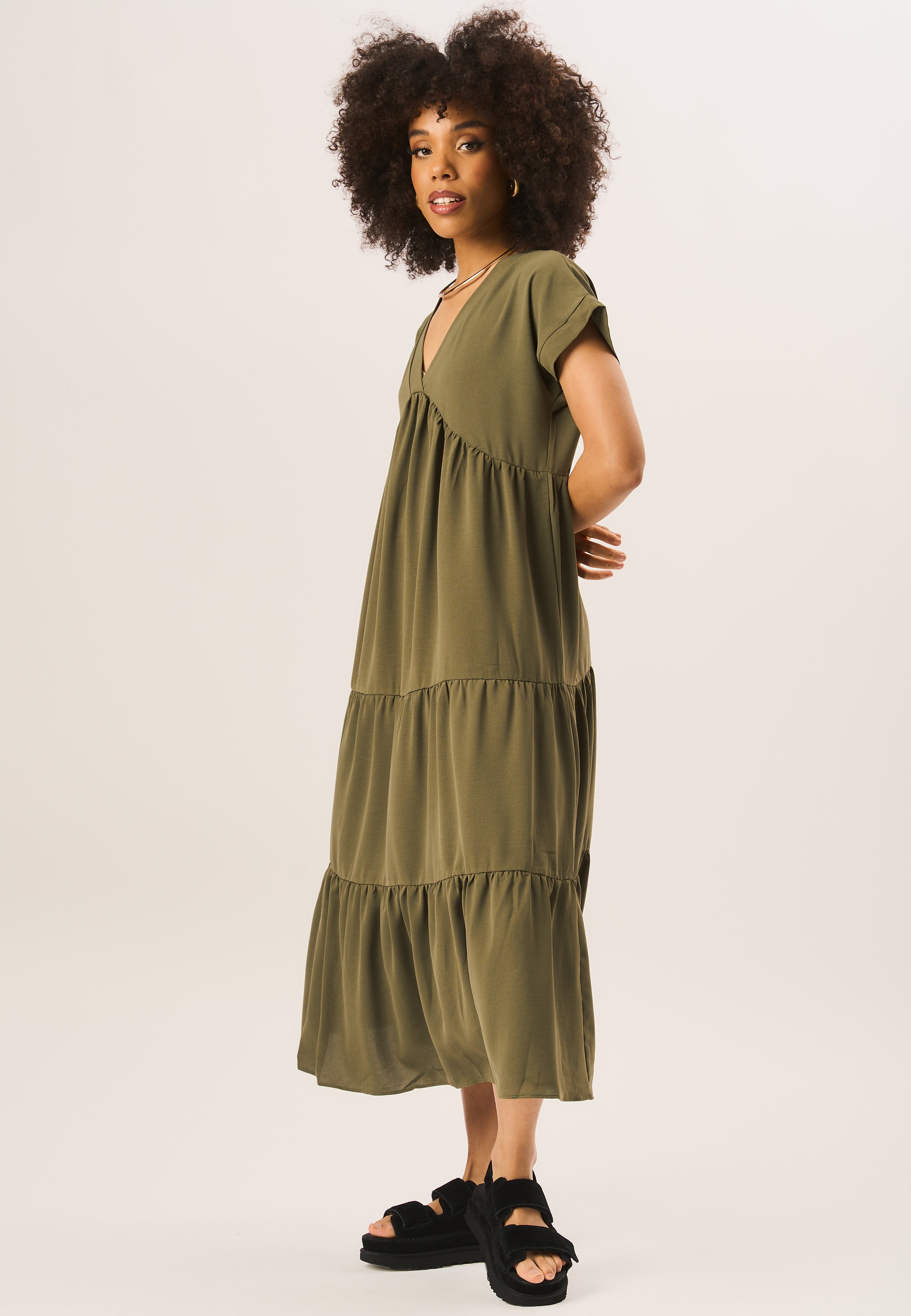 Khaki V Neck Tiered Midi Smock Dress