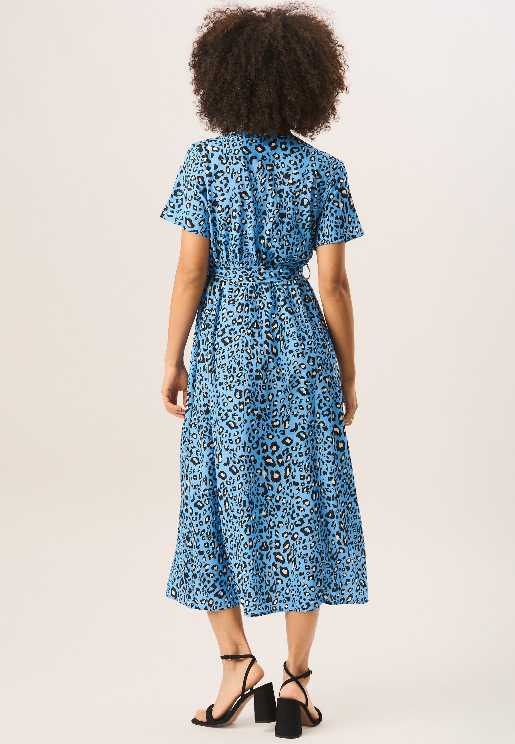 Blue Short Sleeve Animal Print Wrap Midi Dress