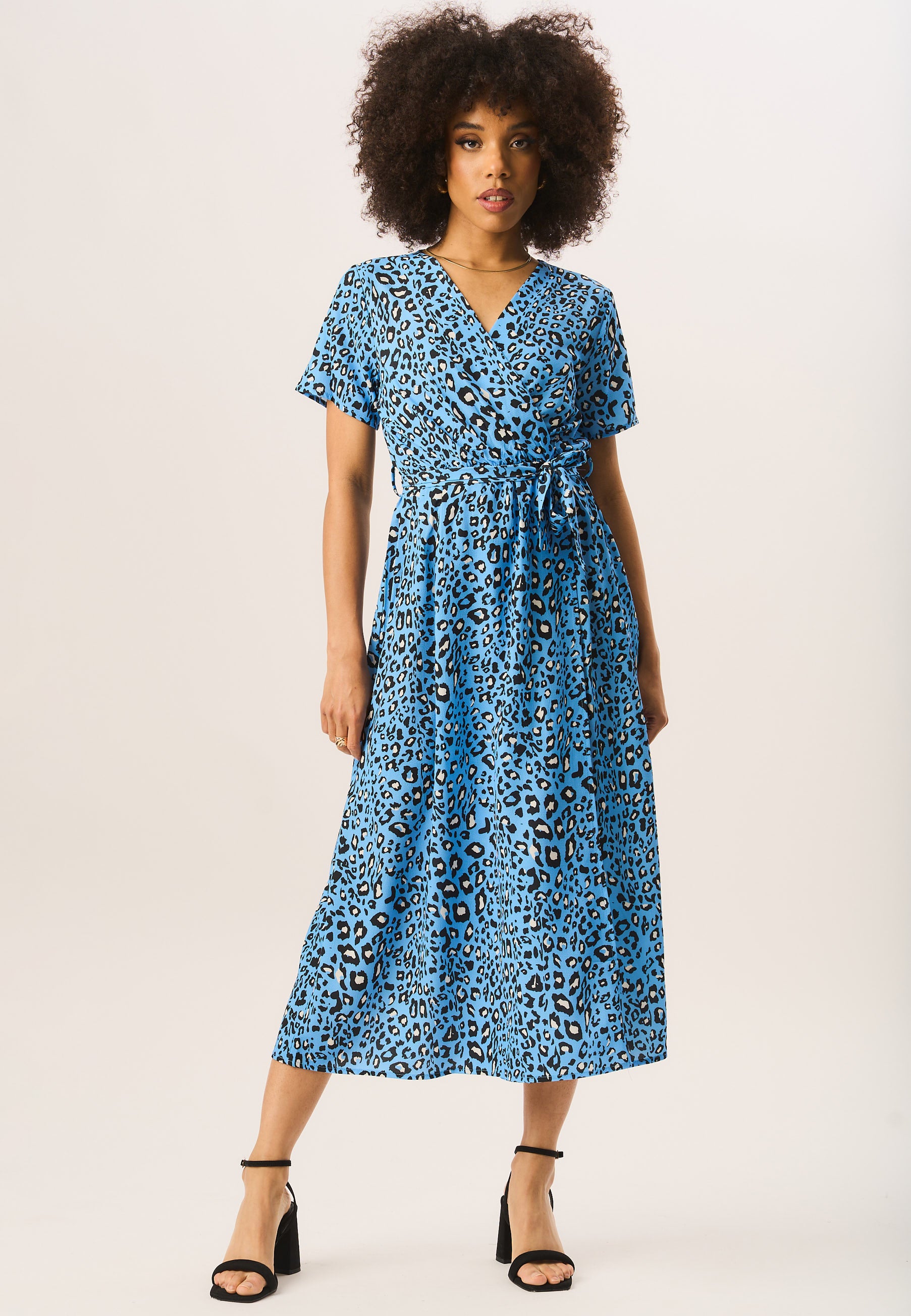 Blue Short Sleeve Animal Print Wrap Midi Dress