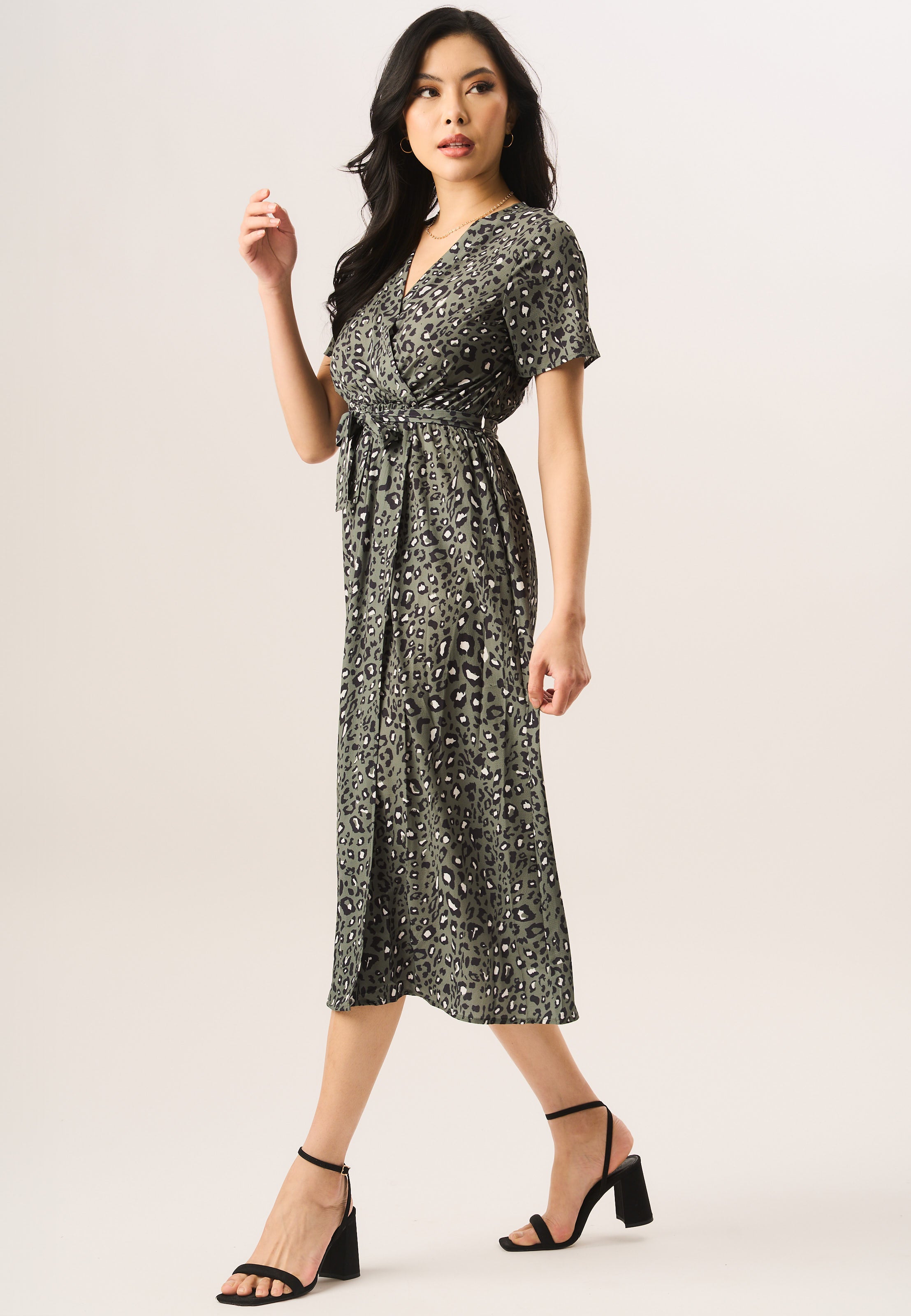 Khaki Short Sleeve Animal Print Wrap Maxi Dress