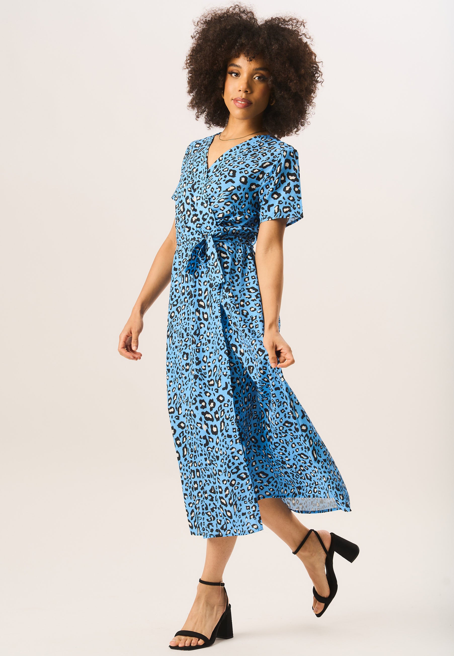 Blue Short Sleeve Animal Print Wrap Midi Dress