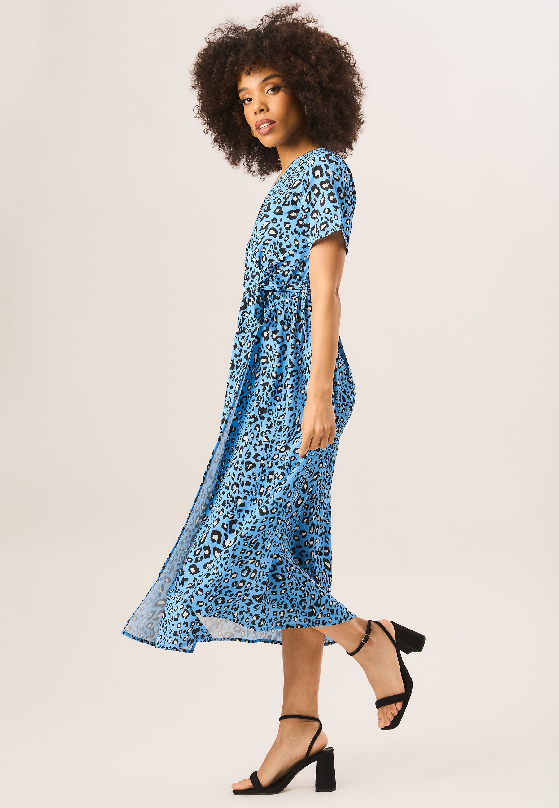 Blue Short Sleeve Animal Print Wrap Midi Dress