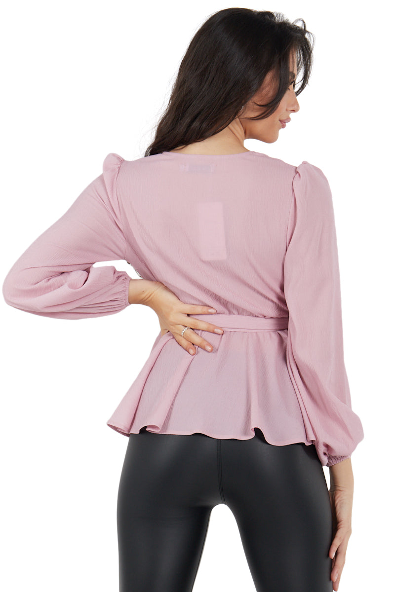 Blush Long Sleeve Wrap Belted Top