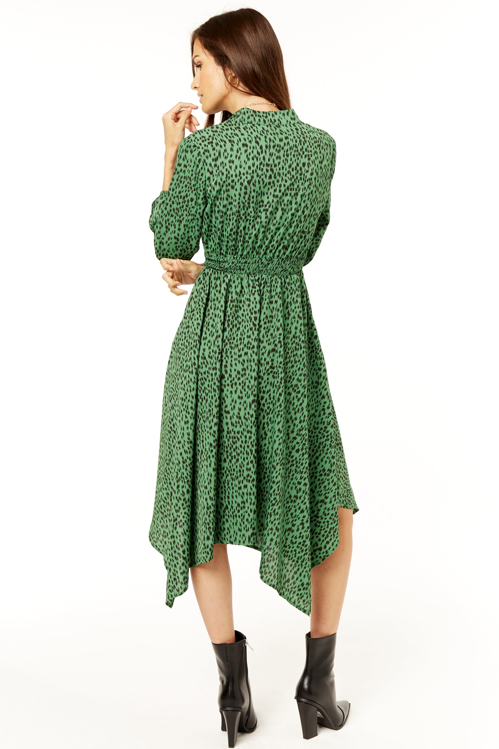 Green Animal Print Long Sleeve Asymmetric Hem Midi Dress