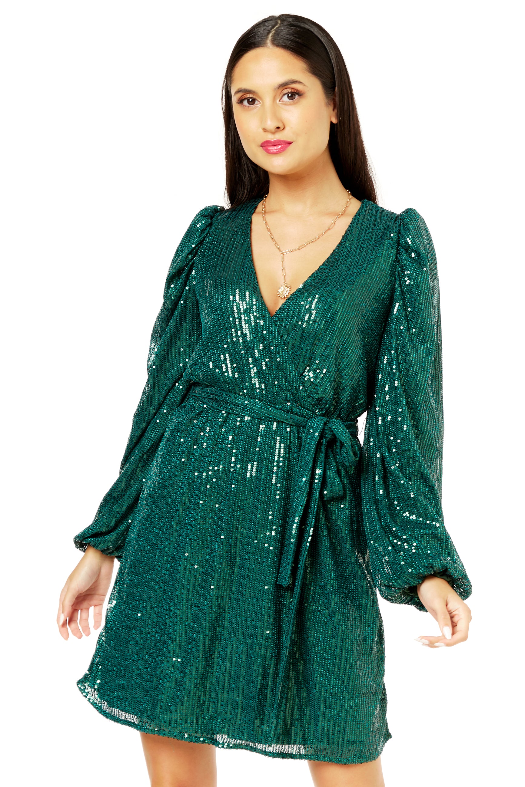 Bottle Green Sequin V Neck Belted Mini Dress