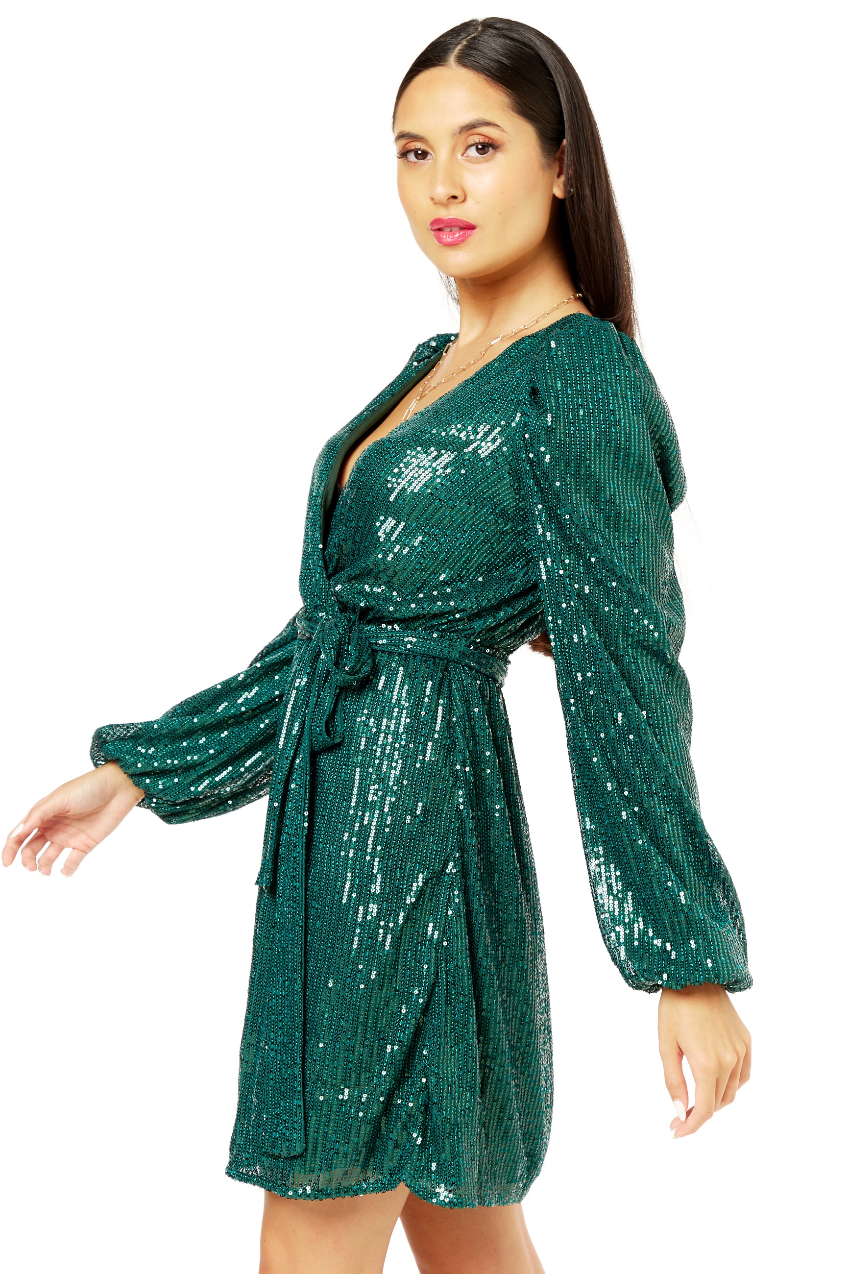 Bottle Green Sequin V Neck Belted Mini Dress