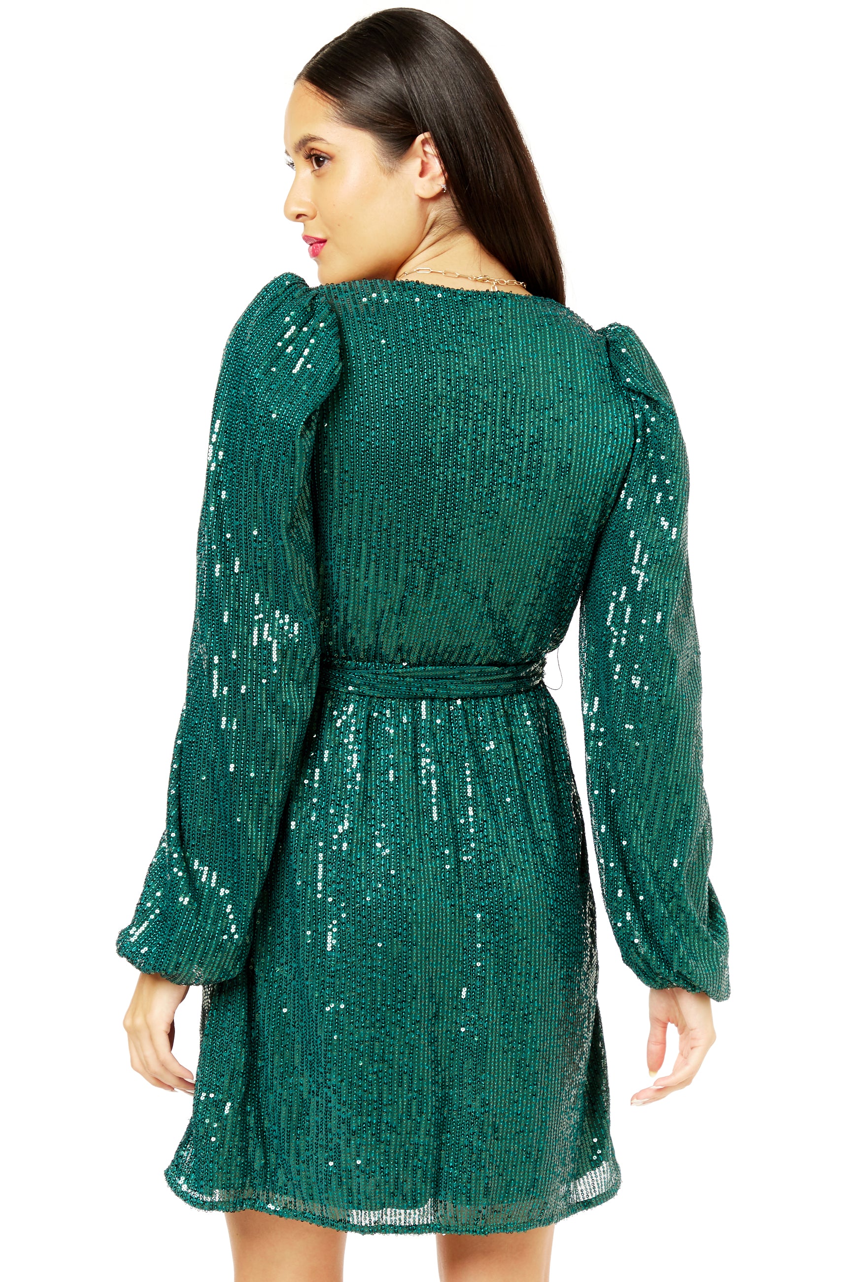 Bottle Green Sequin V Neck Belted Mini Dress