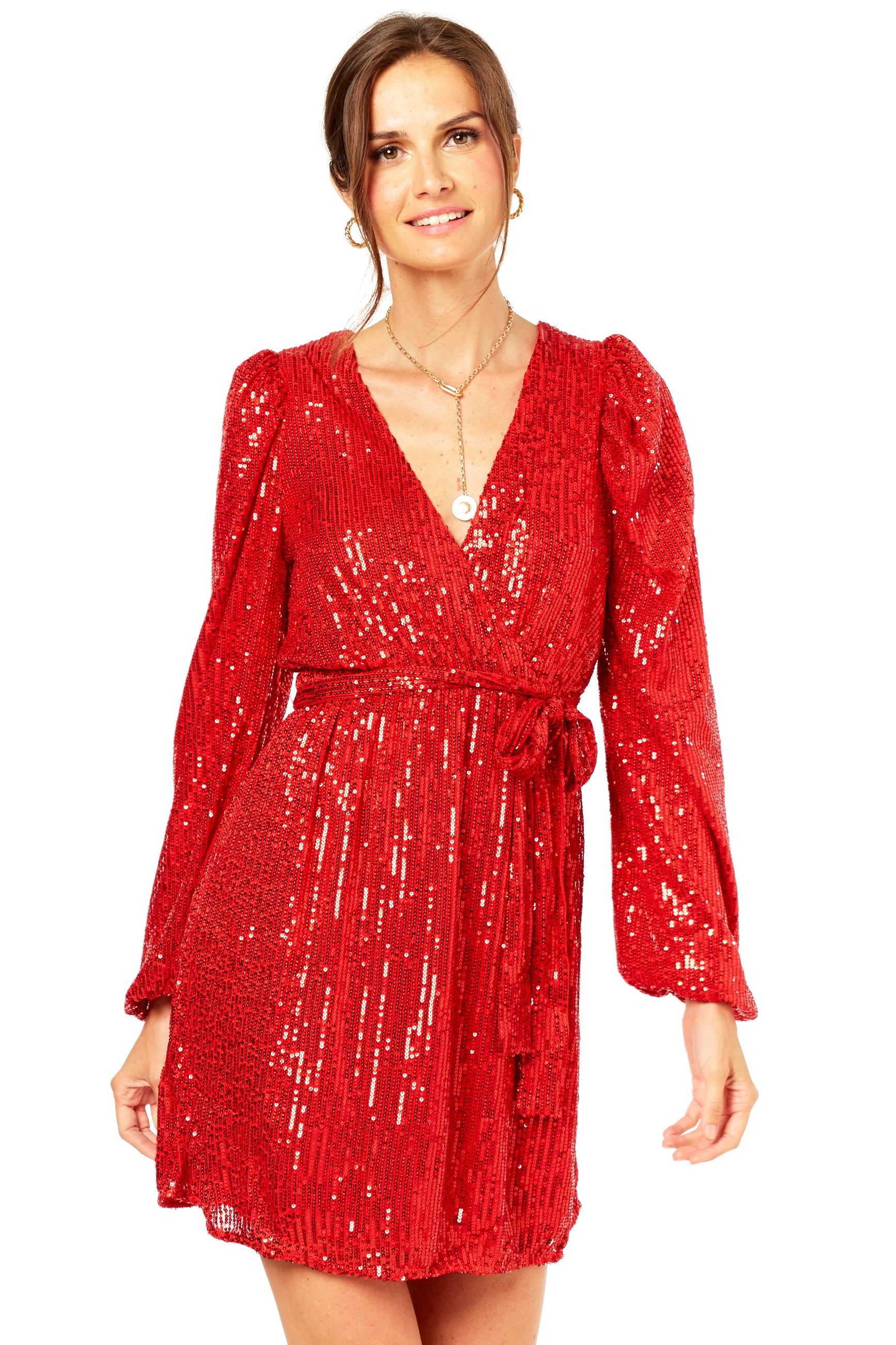 Bright Red Sequin V Neck Belted Mini Dress