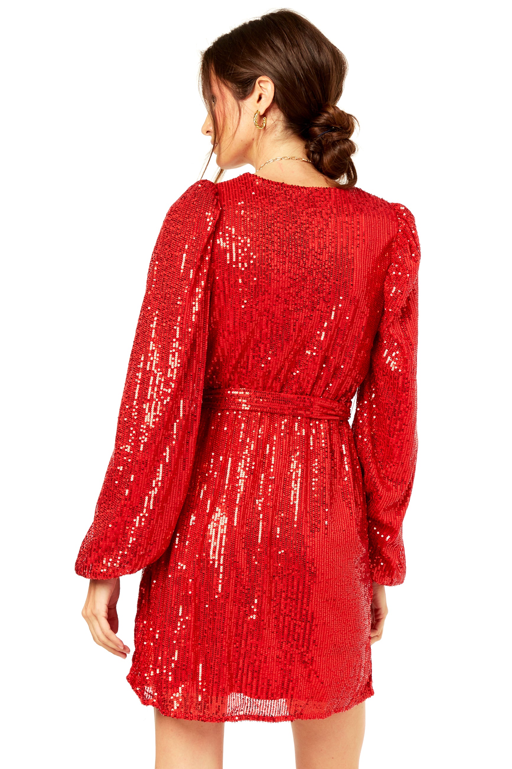 Bright Red Sequin V Neck Belted Mini Dress