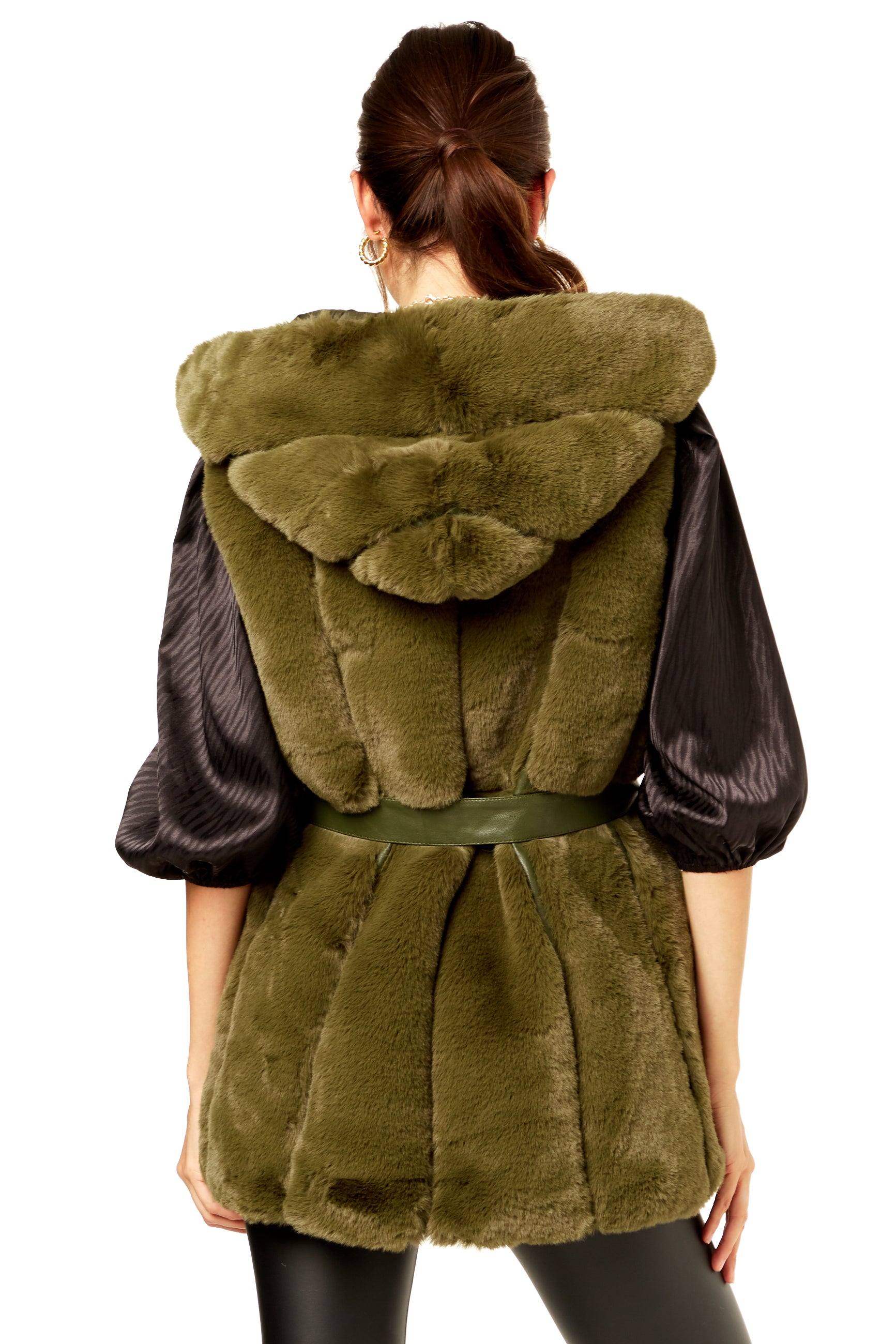 Green Vertical Zip Long Fur Gilet