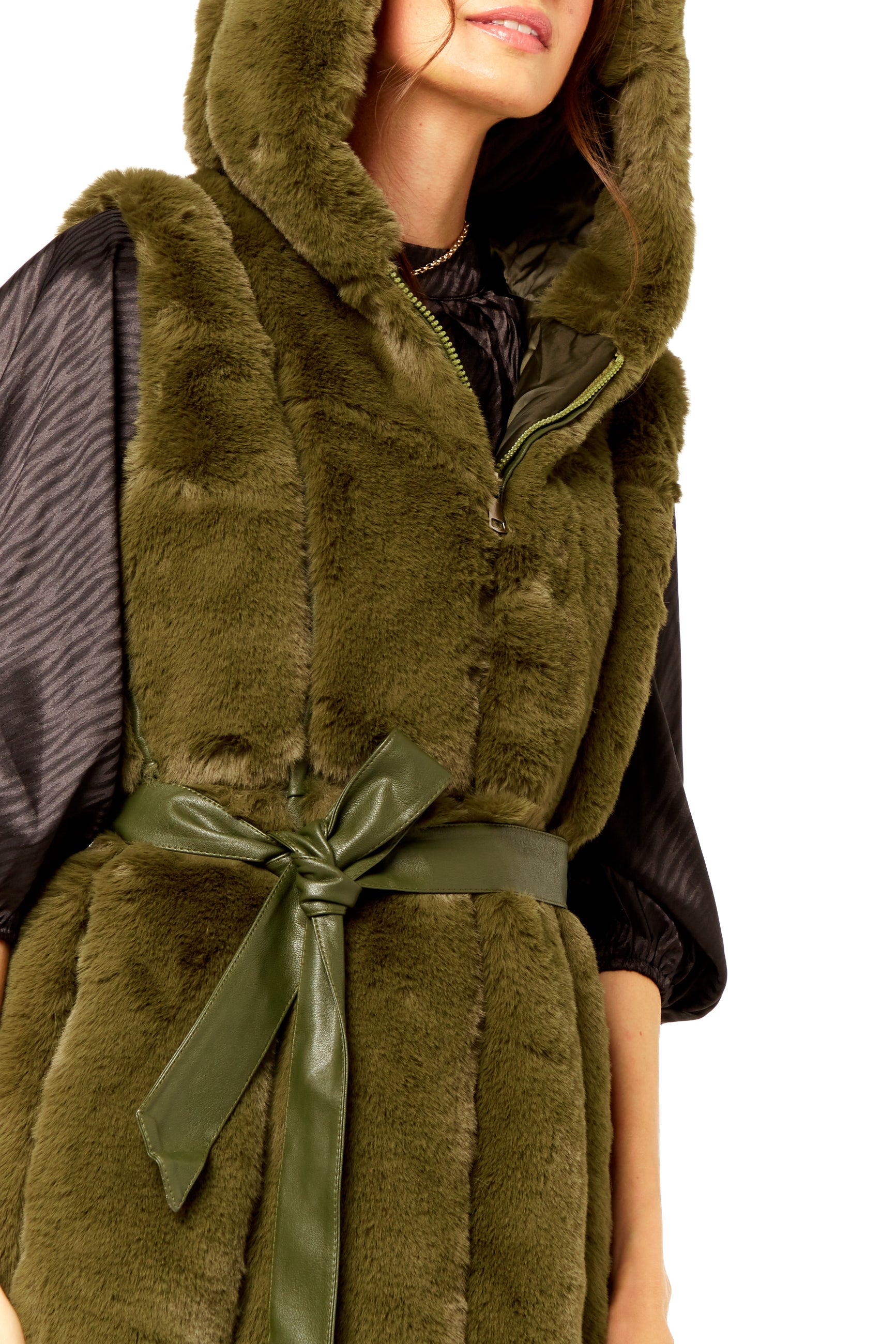 Green Vertical Zip Long Fur Gilet