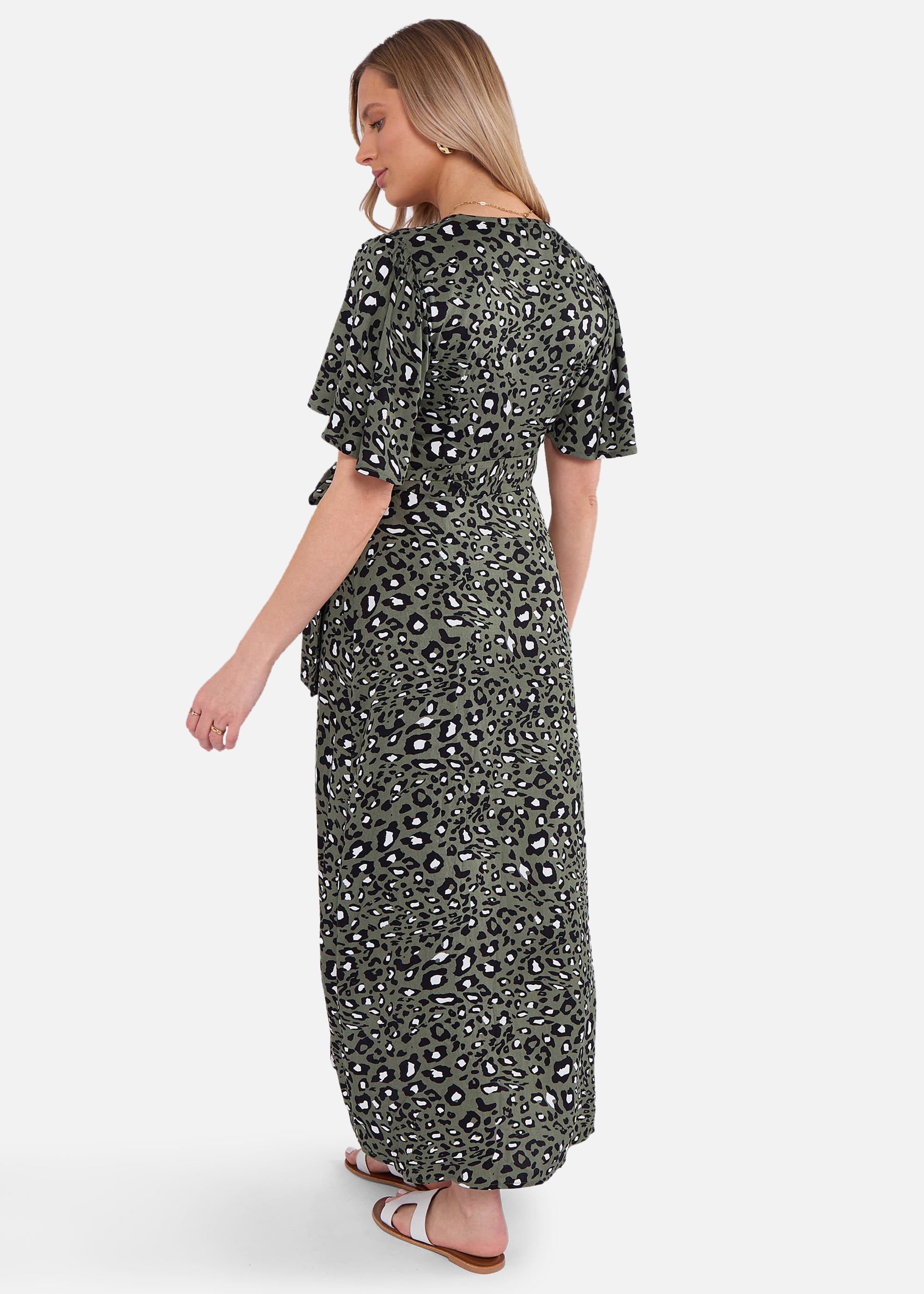 Khaki Animal Print Viscose Wrap Midi Dress