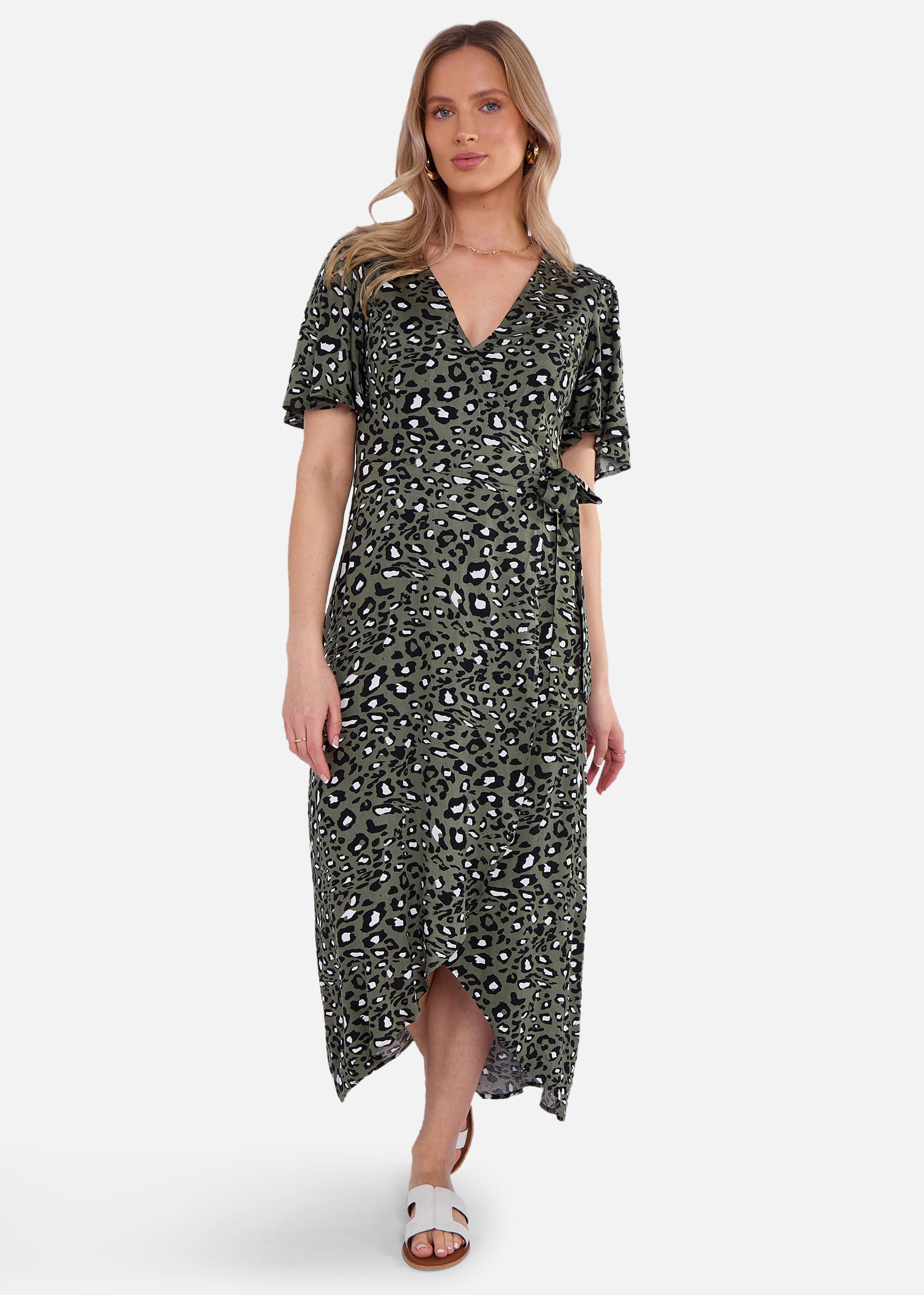 Khaki Animal Print Viscose Wrap Midi Dress