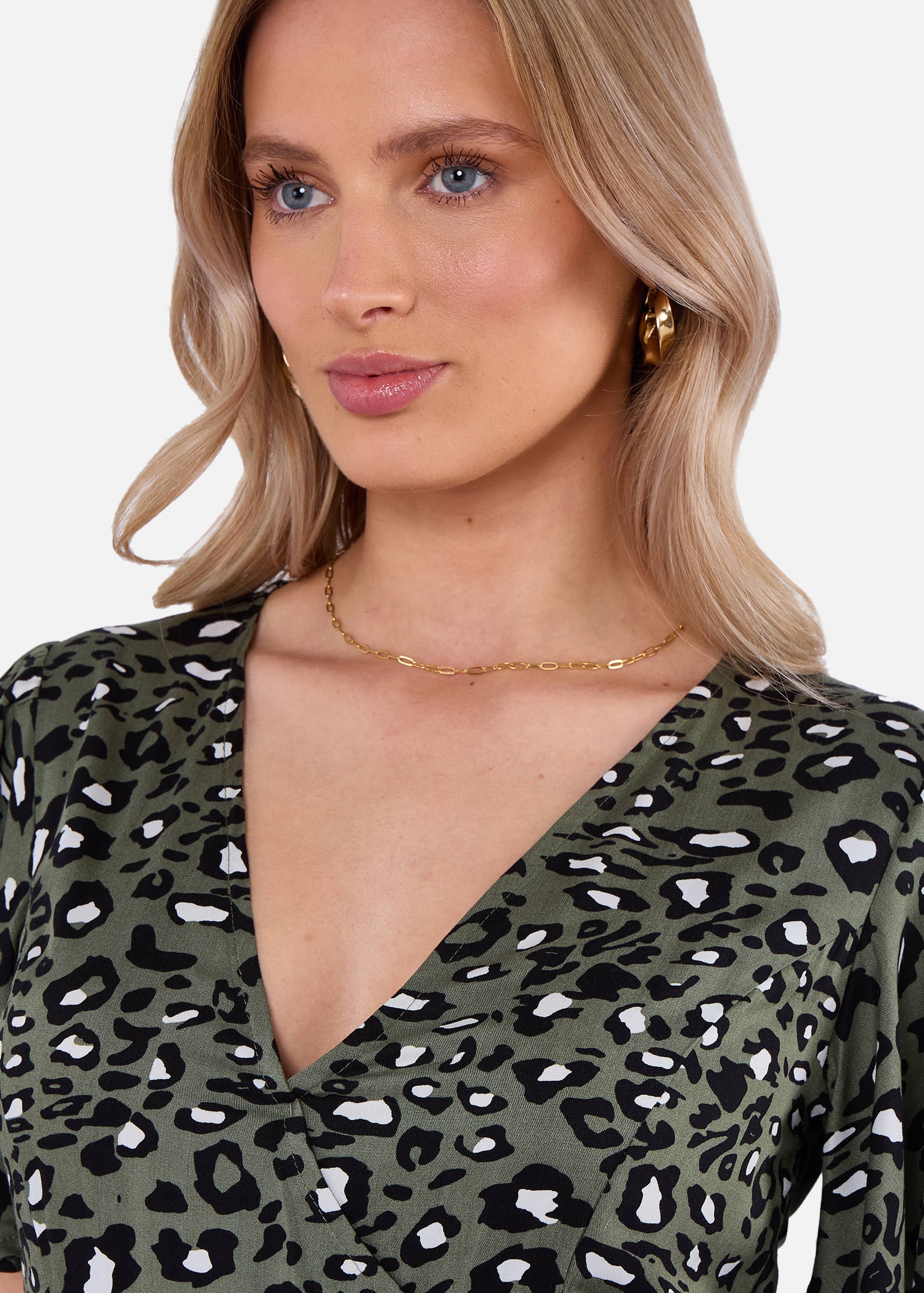 Khaki Animal Print Viscose Wrap Midi Dress