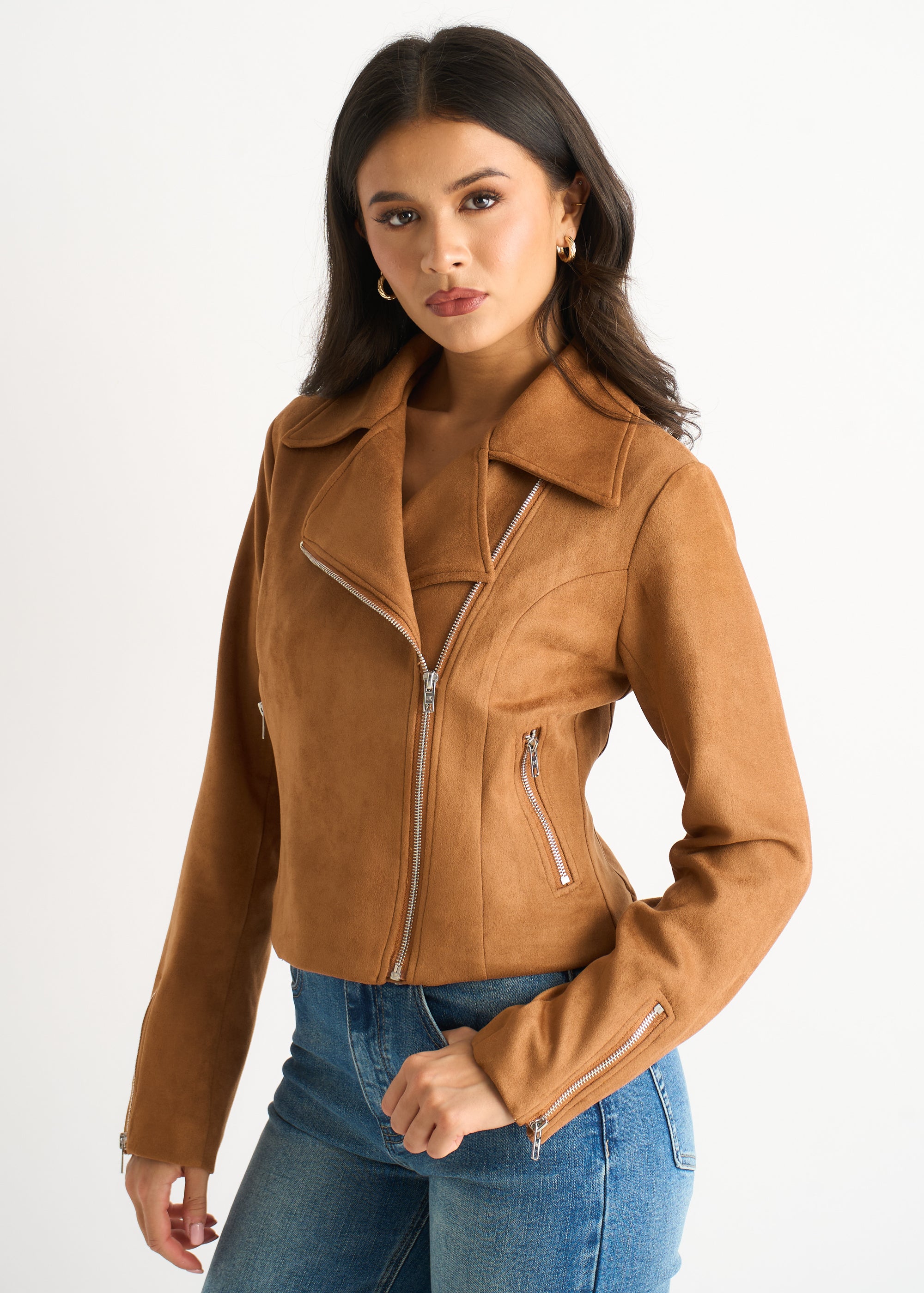 Brown Faux Suede Biker Jacket