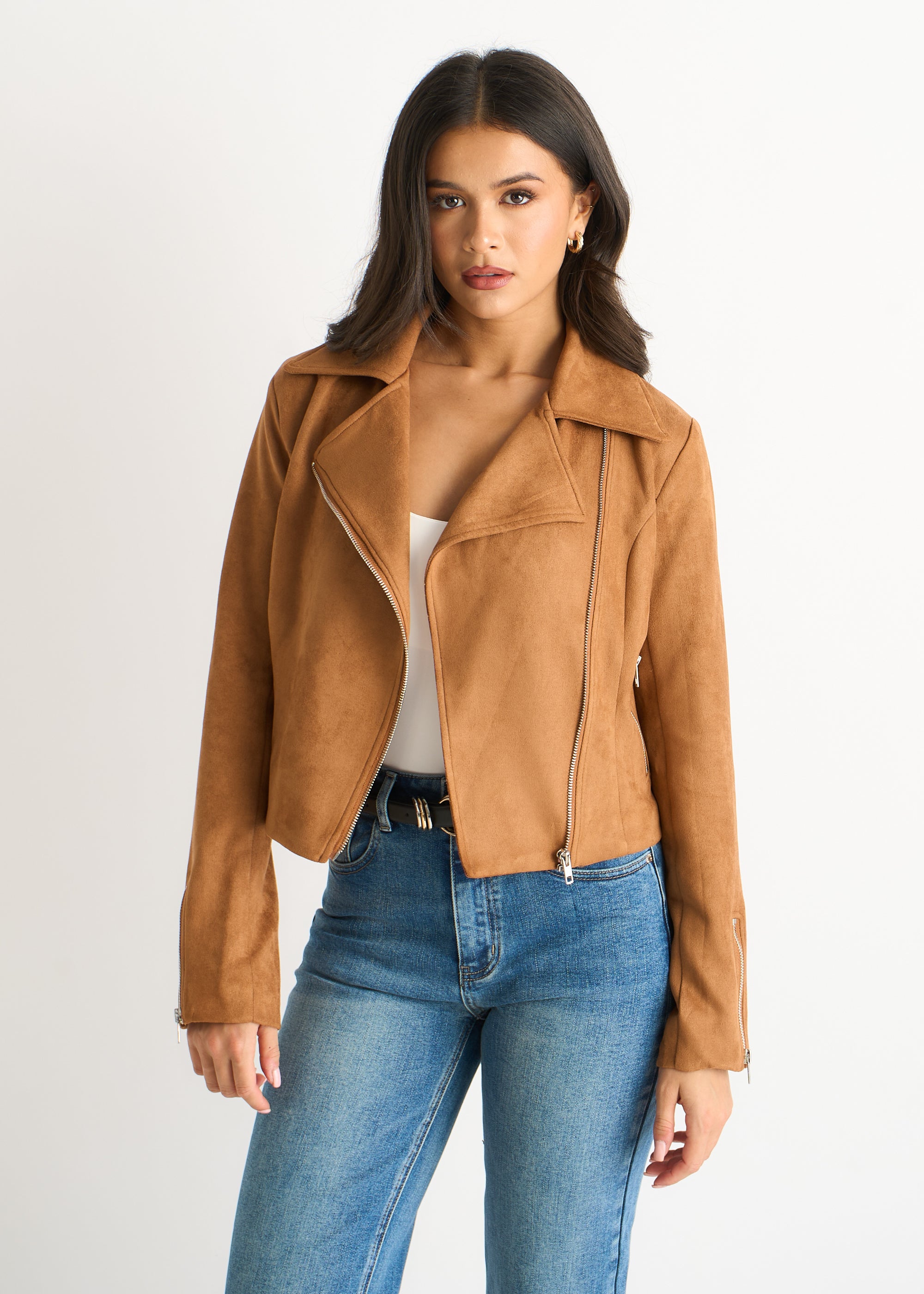 Brown Faux Suede Biker Jacket