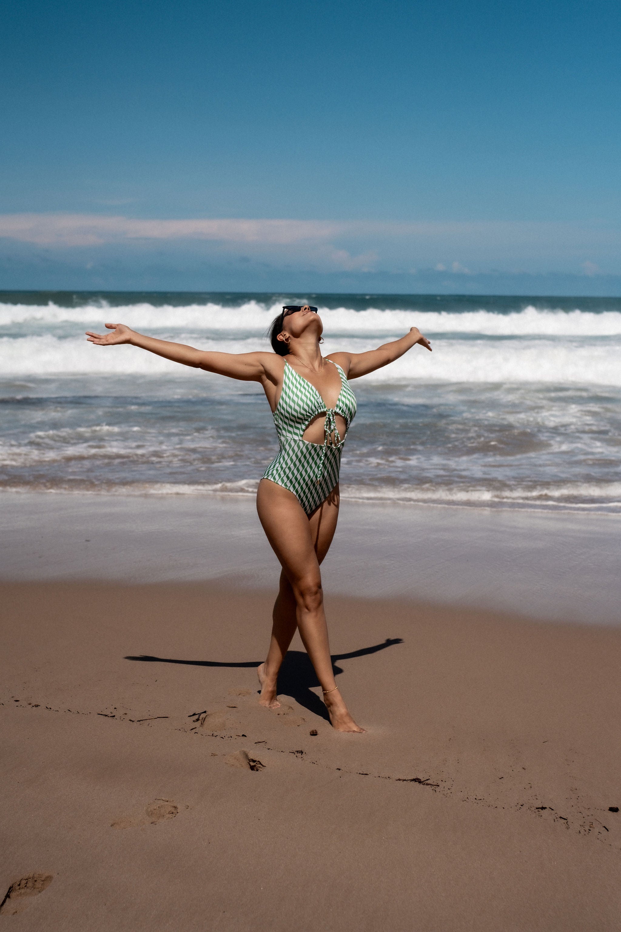 Green Wave Print Tie Front Swimsuit