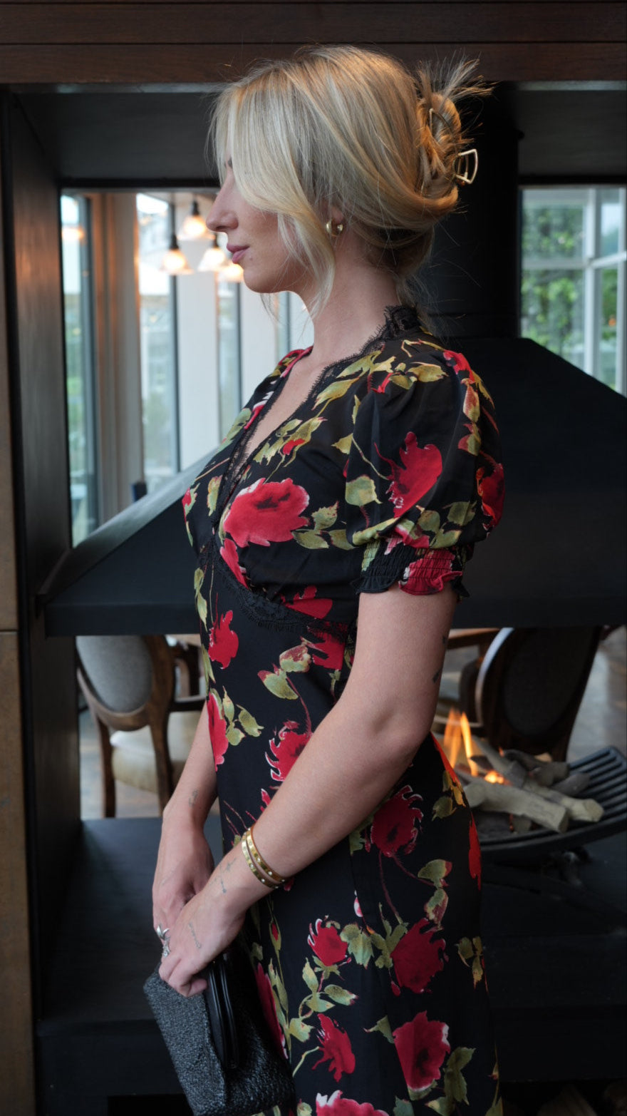 Black Floral Lace Trim Detail Midi Dress