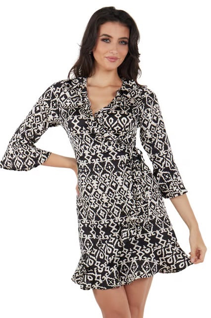 Black Frill Detailed Bell Sleeves Mini Wrap Dress