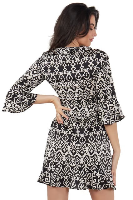 Black Frill Detailed Bell Sleeves Mini Wrap Dress