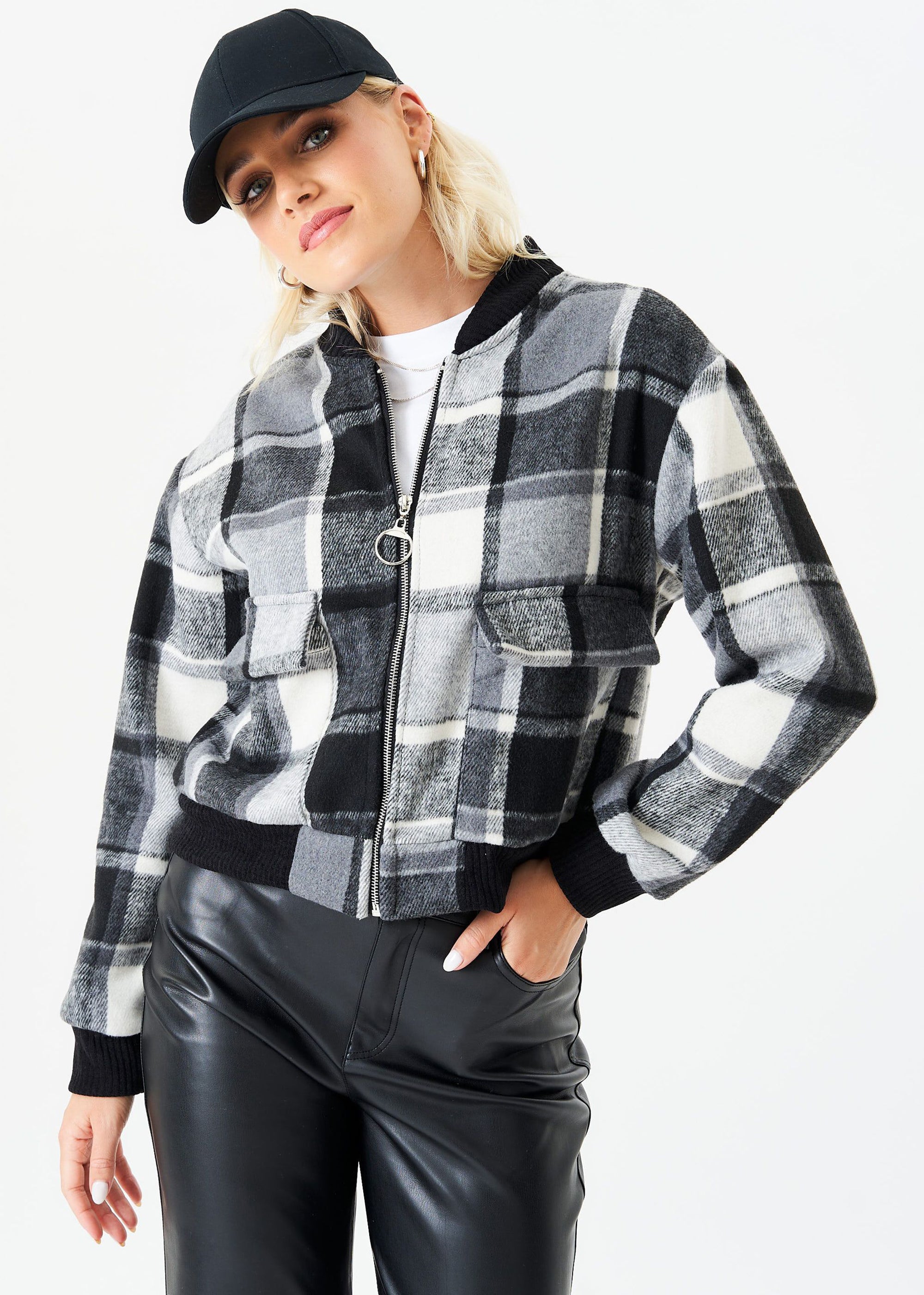 Black Contrast Rib Check Bomber Jacket