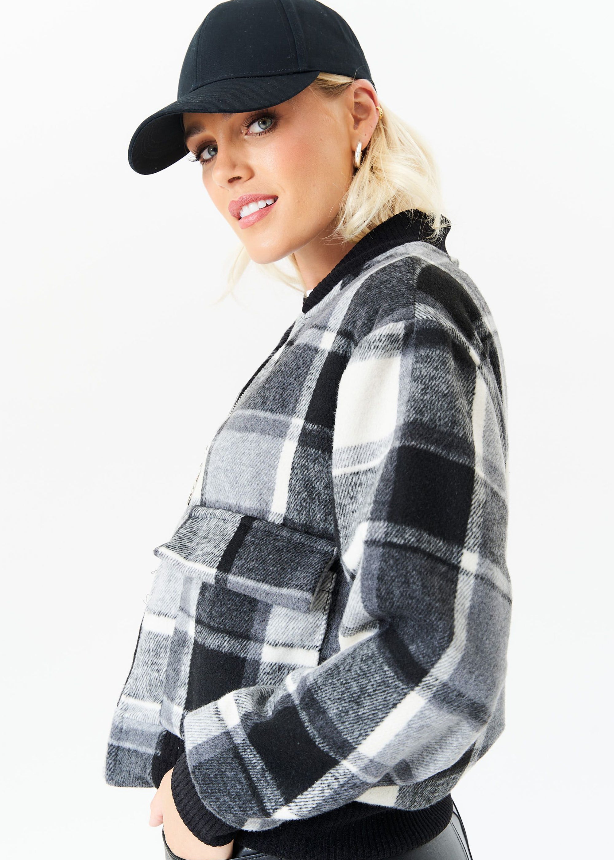 Black Contrast Rib Check Bomber Jacket