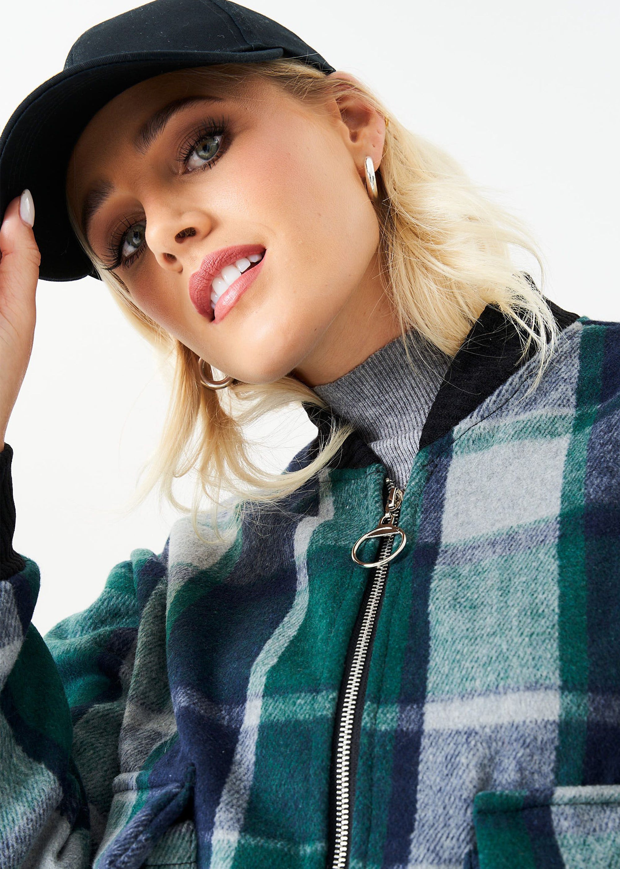 Green Contrast Rib Check Bomber Jacket