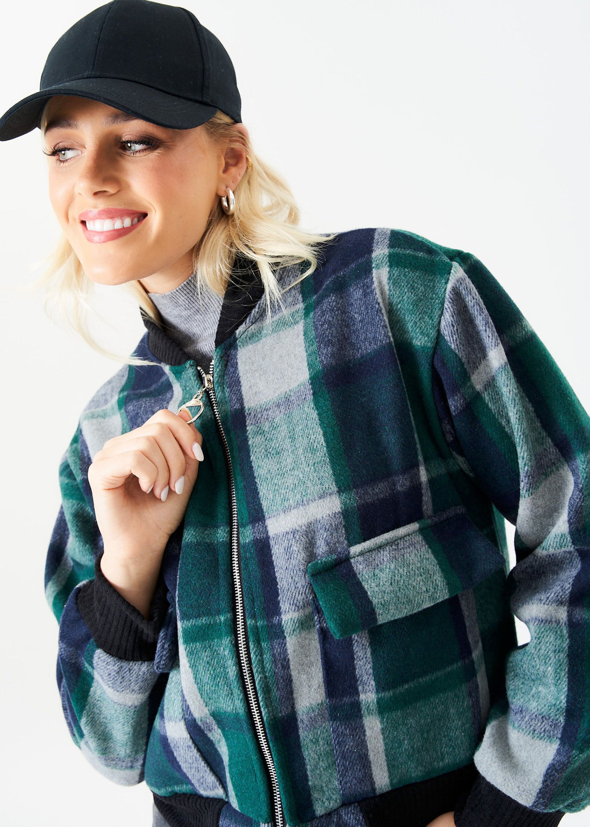 Green Contrast Rib Check Bomber Jacket