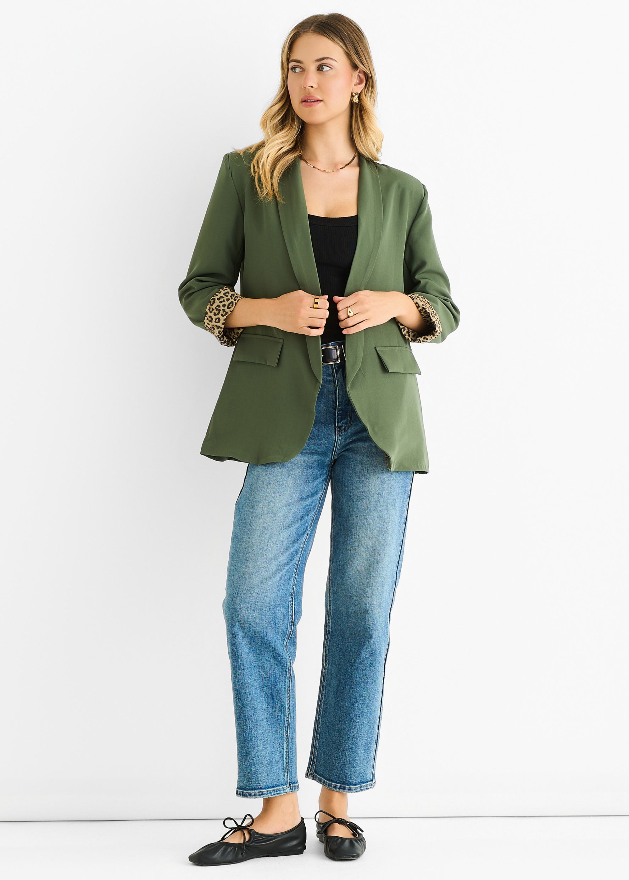 Khaki Contrast Animal Edge to Edge Blazer