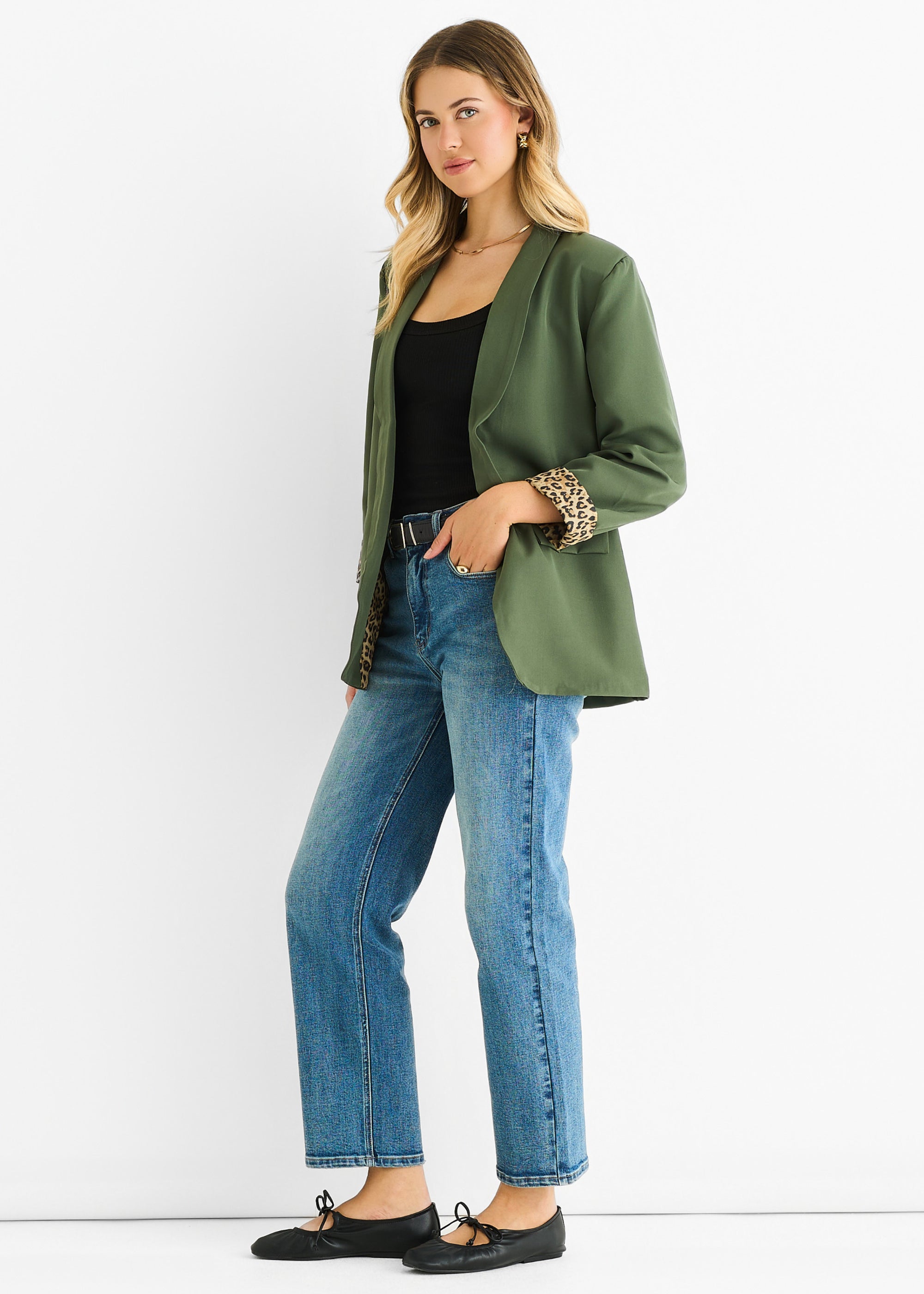 Khaki Contrast Animal Edge to Edge Blazer