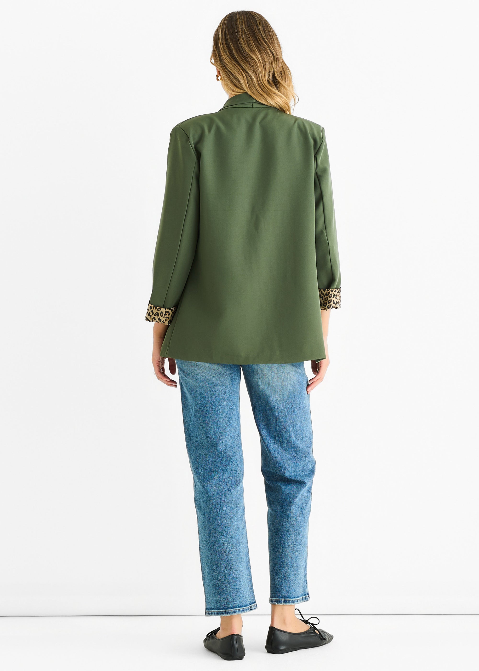 Khaki Contrast Animal Edge to Edge Blazer