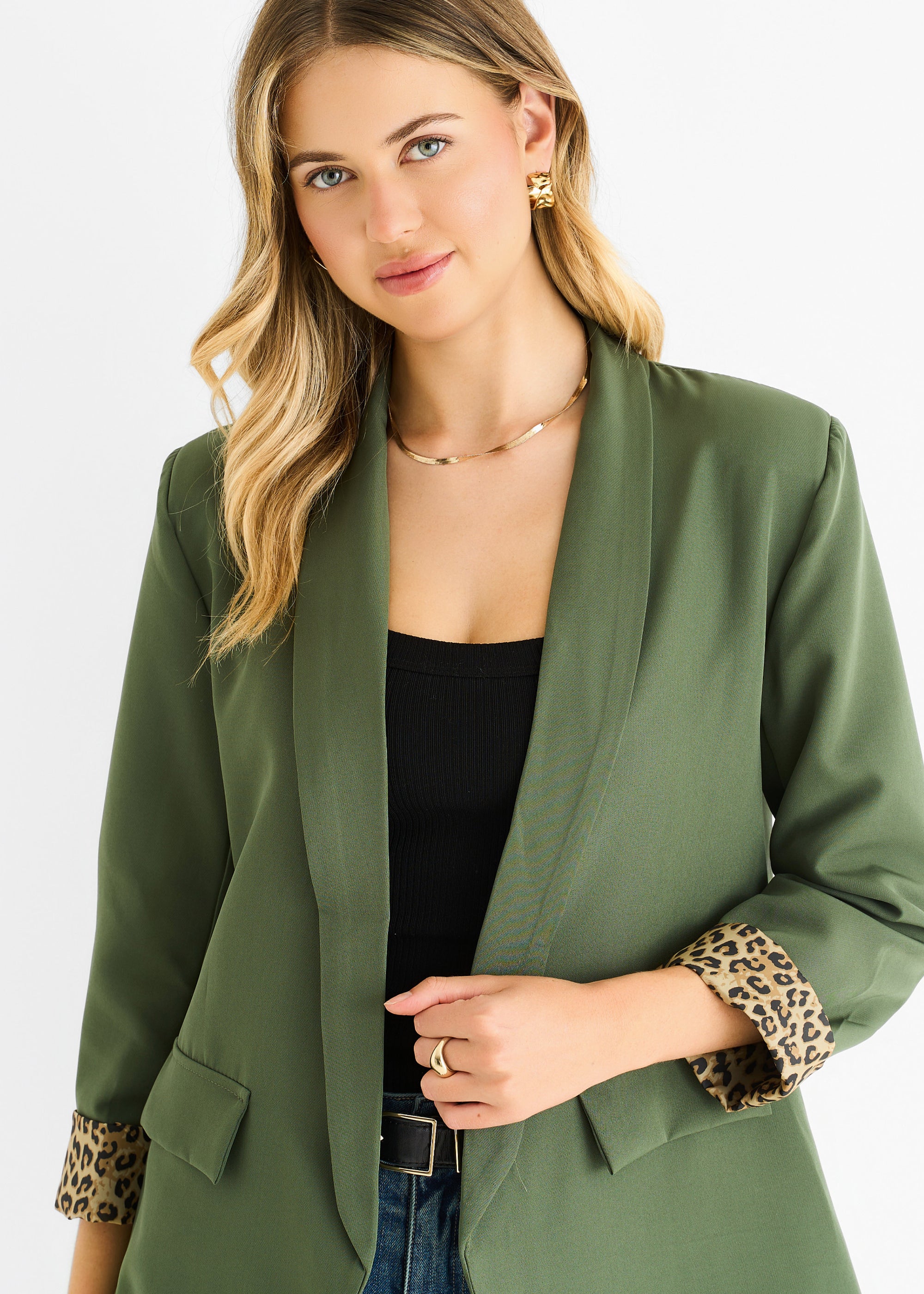Khaki Contrast Animal Edge to Edge Blazer