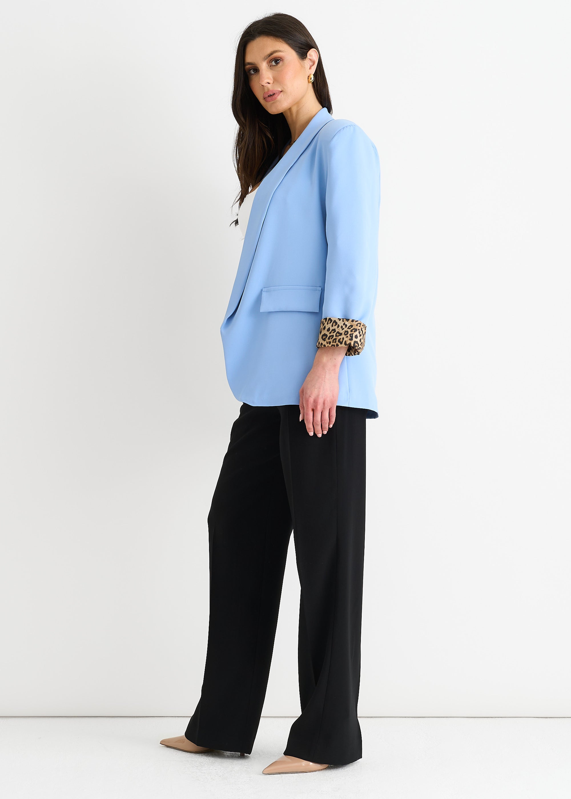 Sky Blue Contrast Animal Edge to Edge Blazer