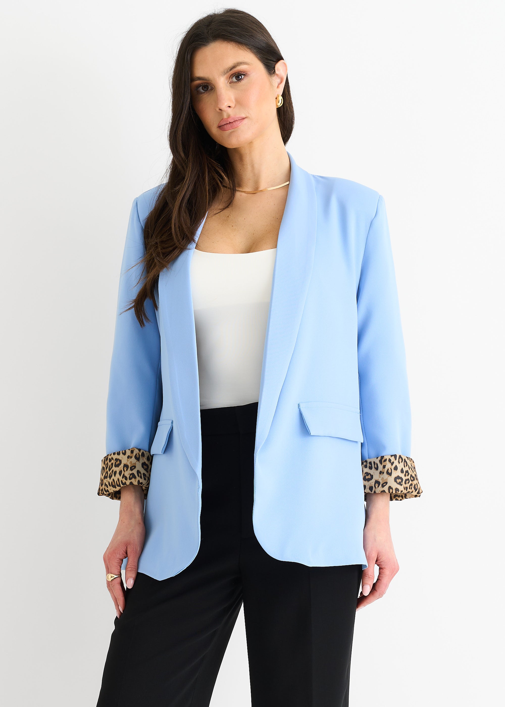Sky Blue Contrast Animal Edge to Edge Blazer