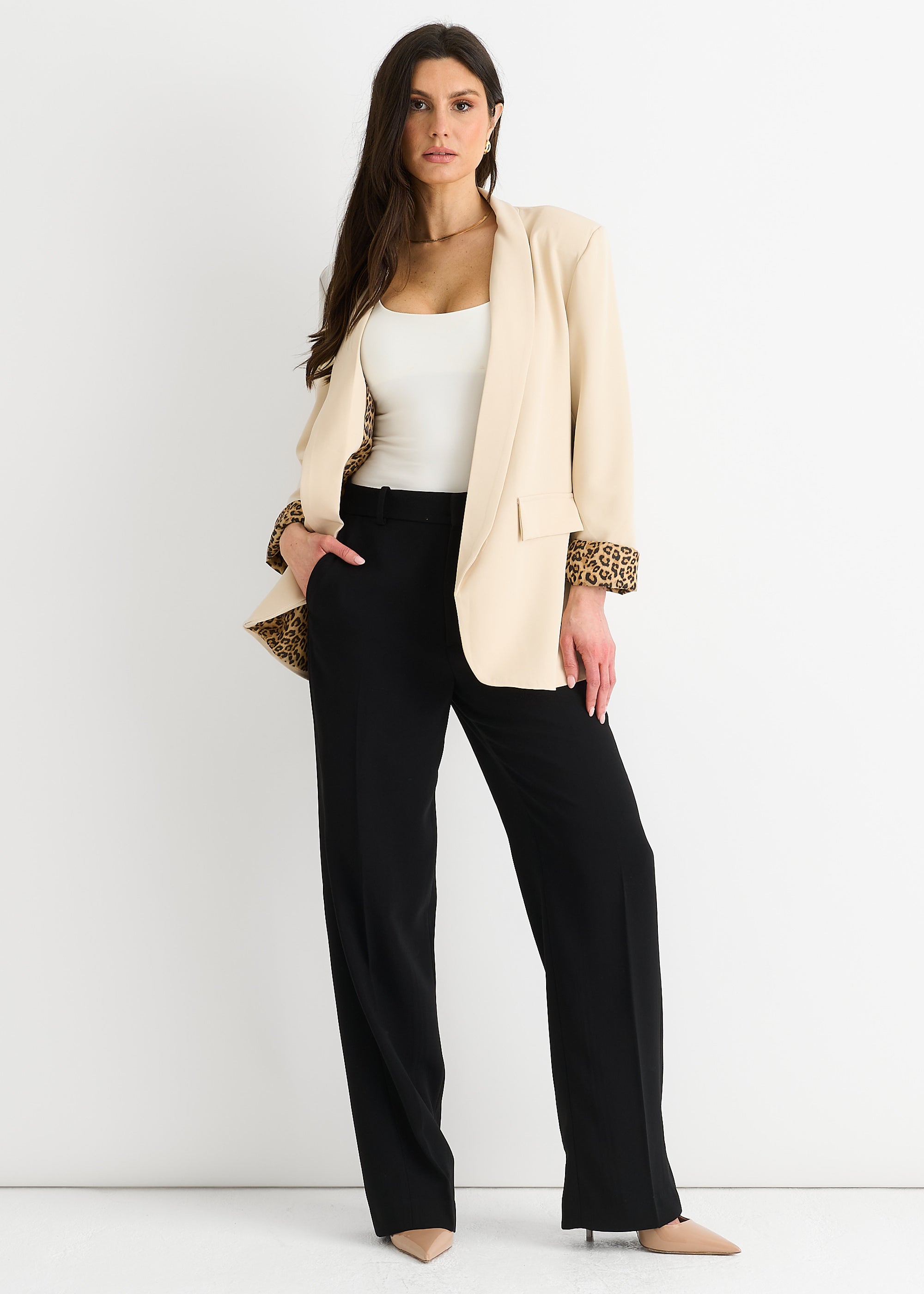 Beige Contrast Animal Edge to Edge Blazer