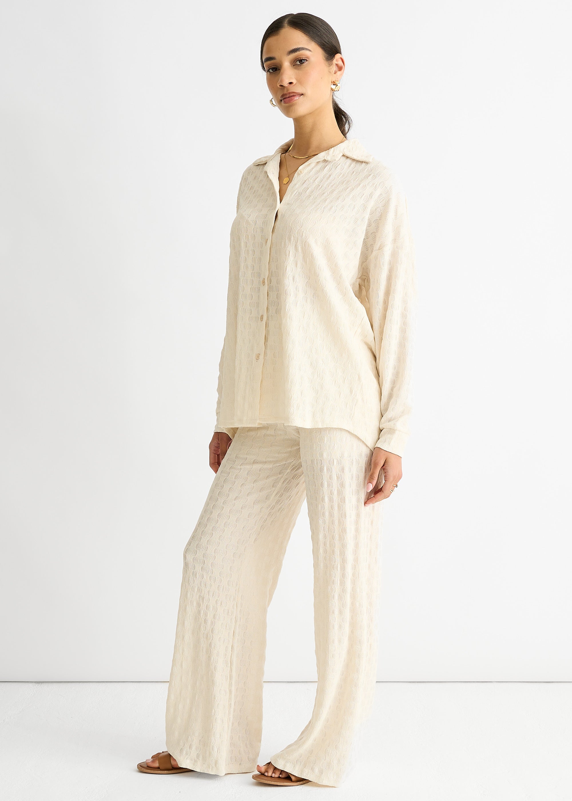 Beige Textured Oversized Long Sleeves Shirt