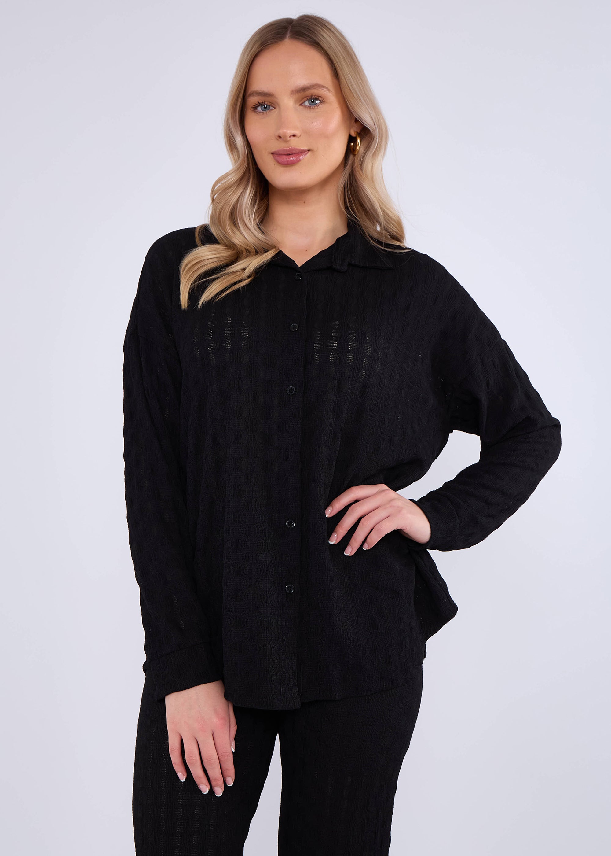 Black Textured Oversized Long Sleeves Shirt