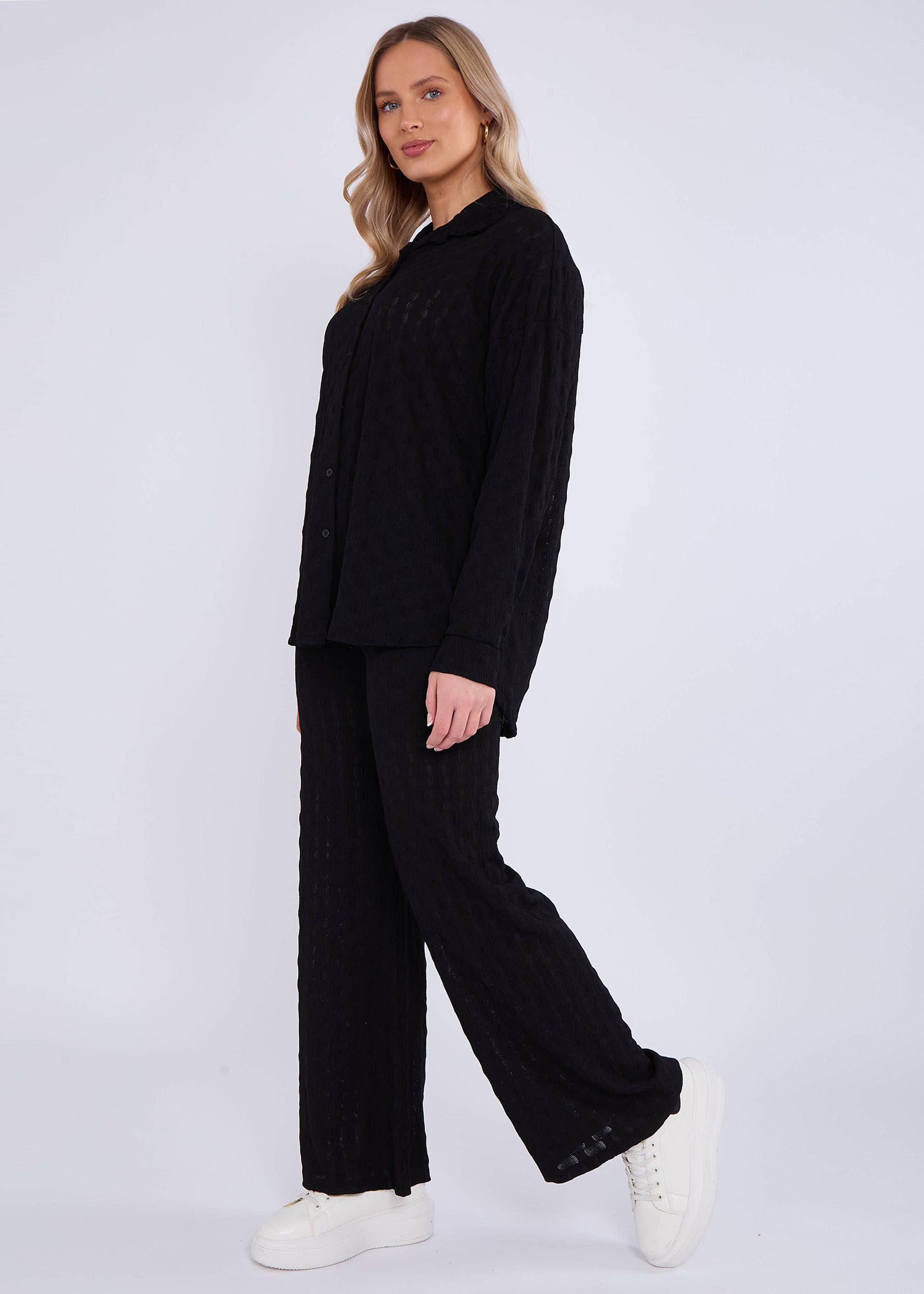 Black Textured Oversized Long Sleeves Shirt