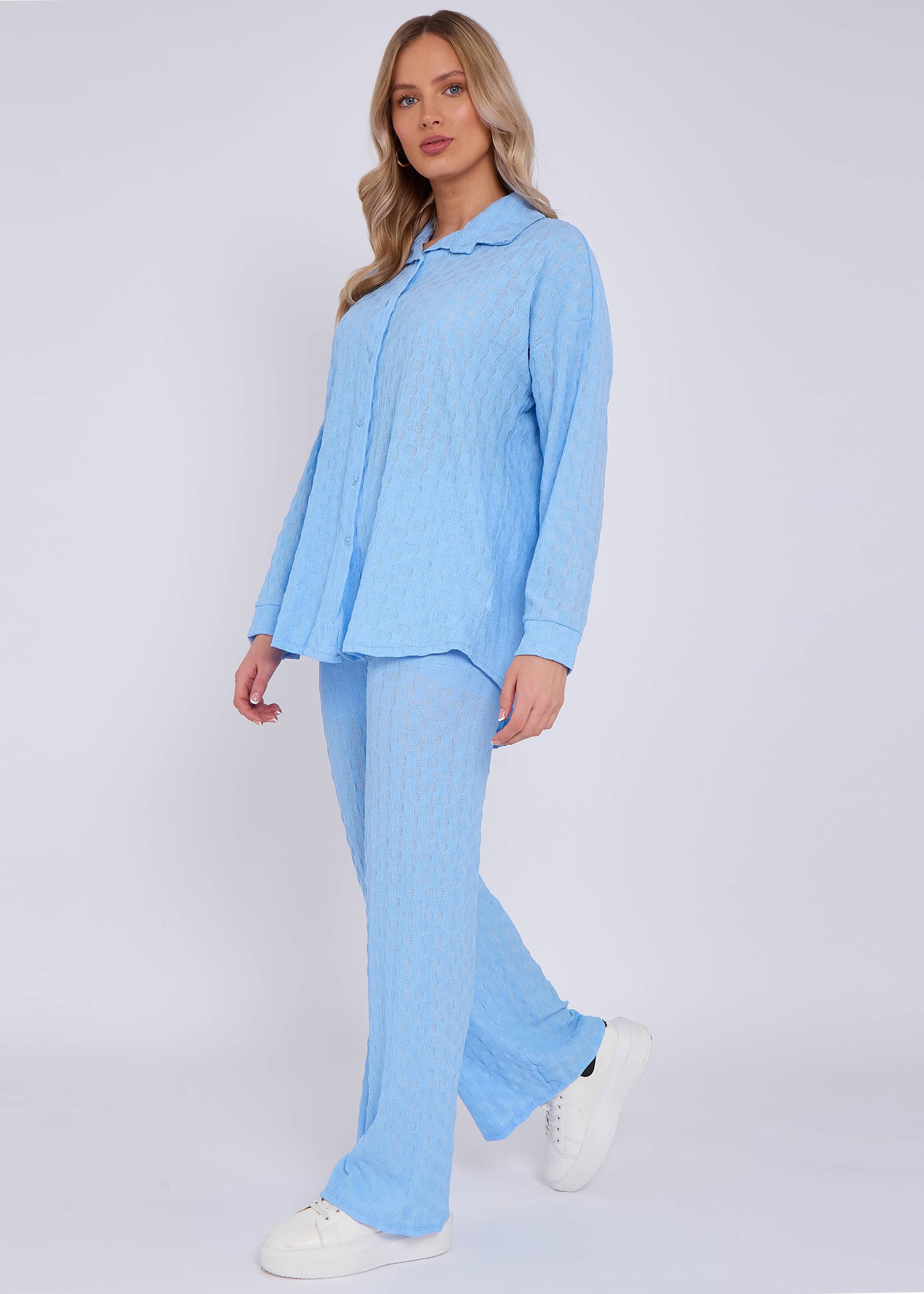 Sky Blue Textured Oversized Long Sleeves Shirt