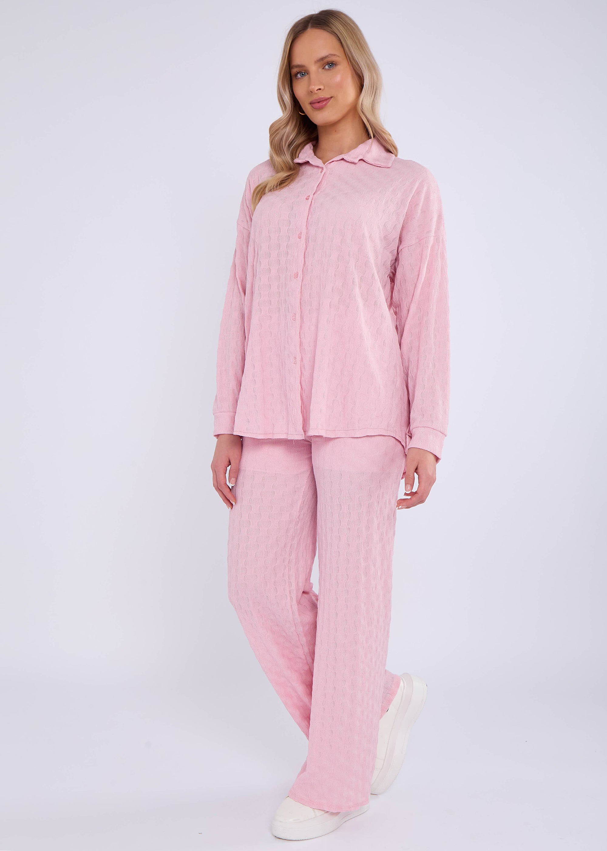 Pink Textured Oversized Long Sleeves Shirt