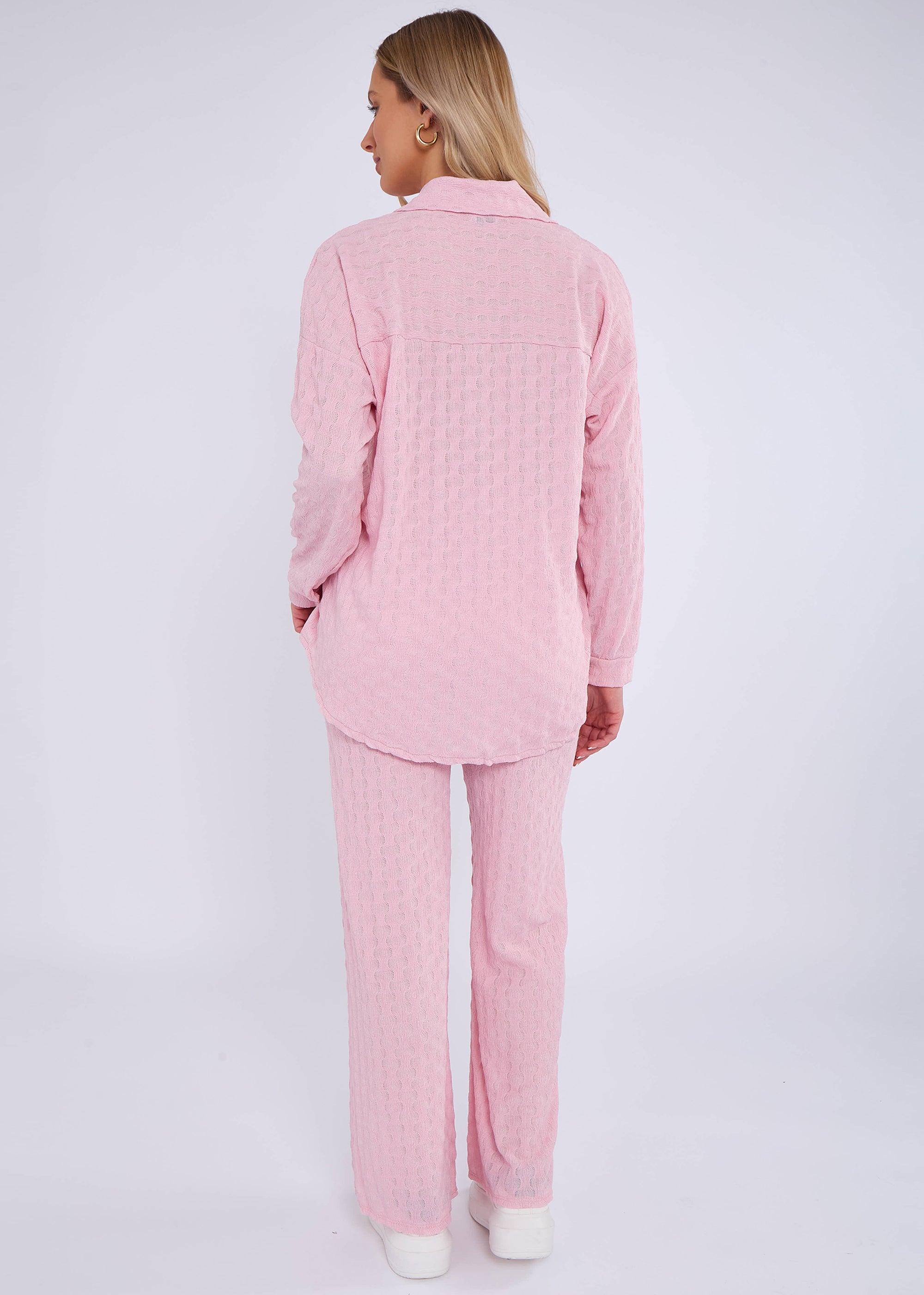 Pink Textured Oversized Long Sleeves Shirt