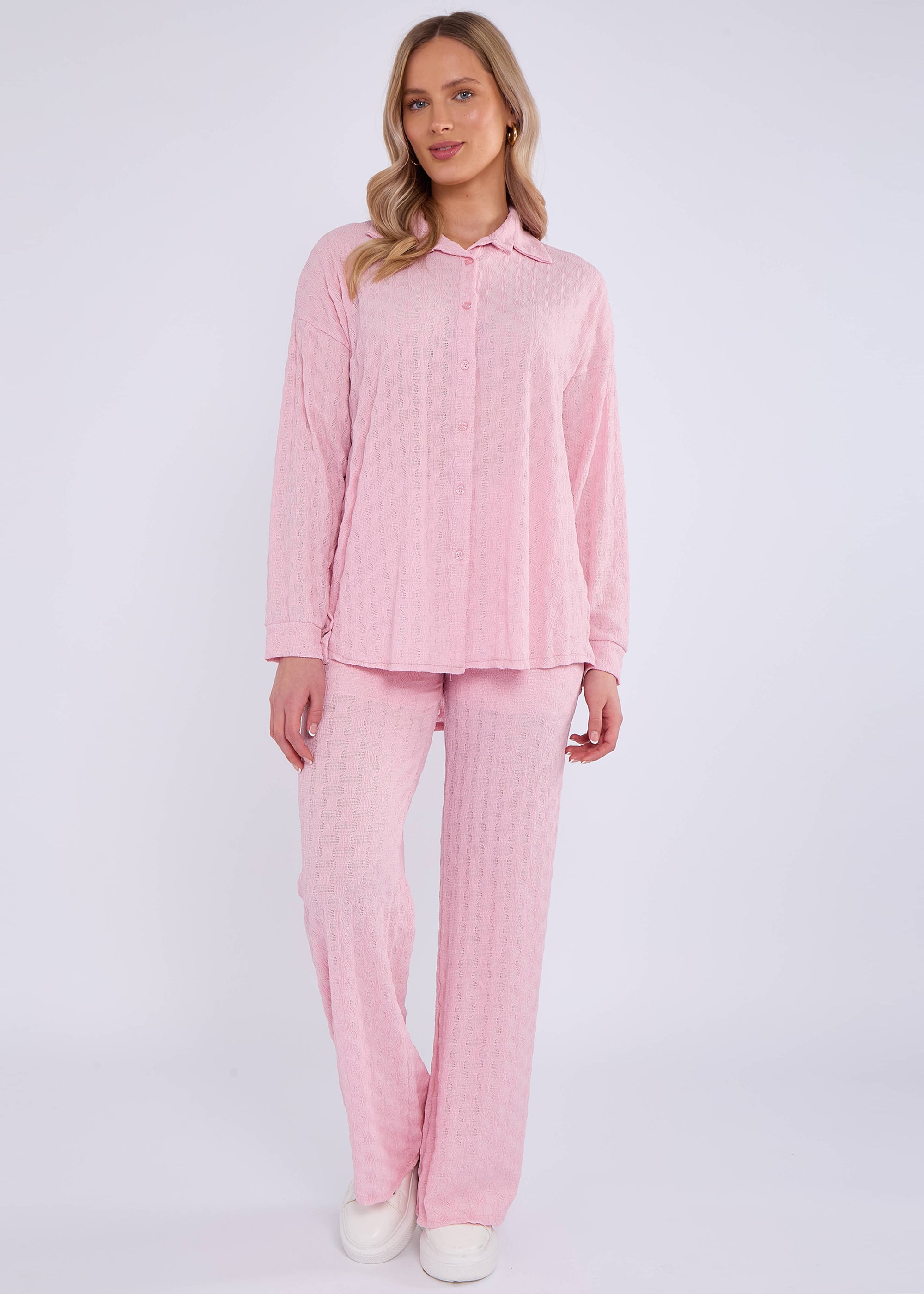 Pink Textured Oversized Long Sleeves Shirt
