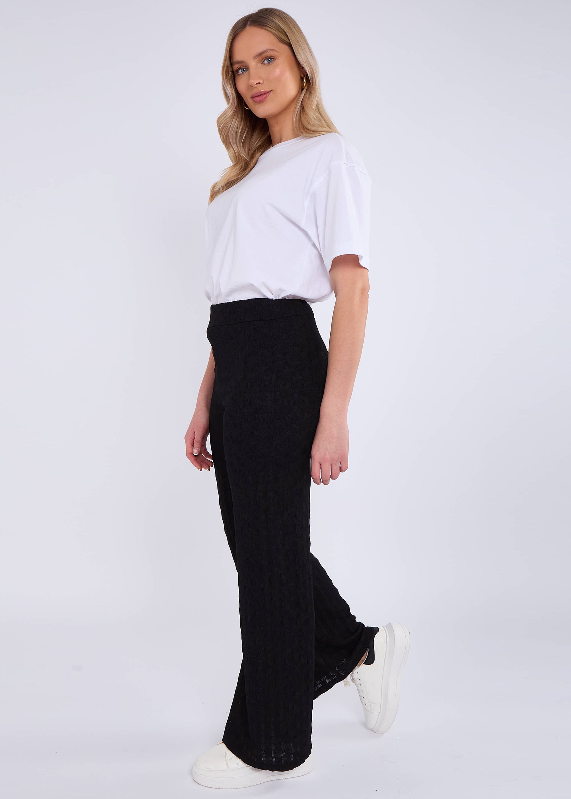 Black Textured Elasticated Waist Flared Trousers