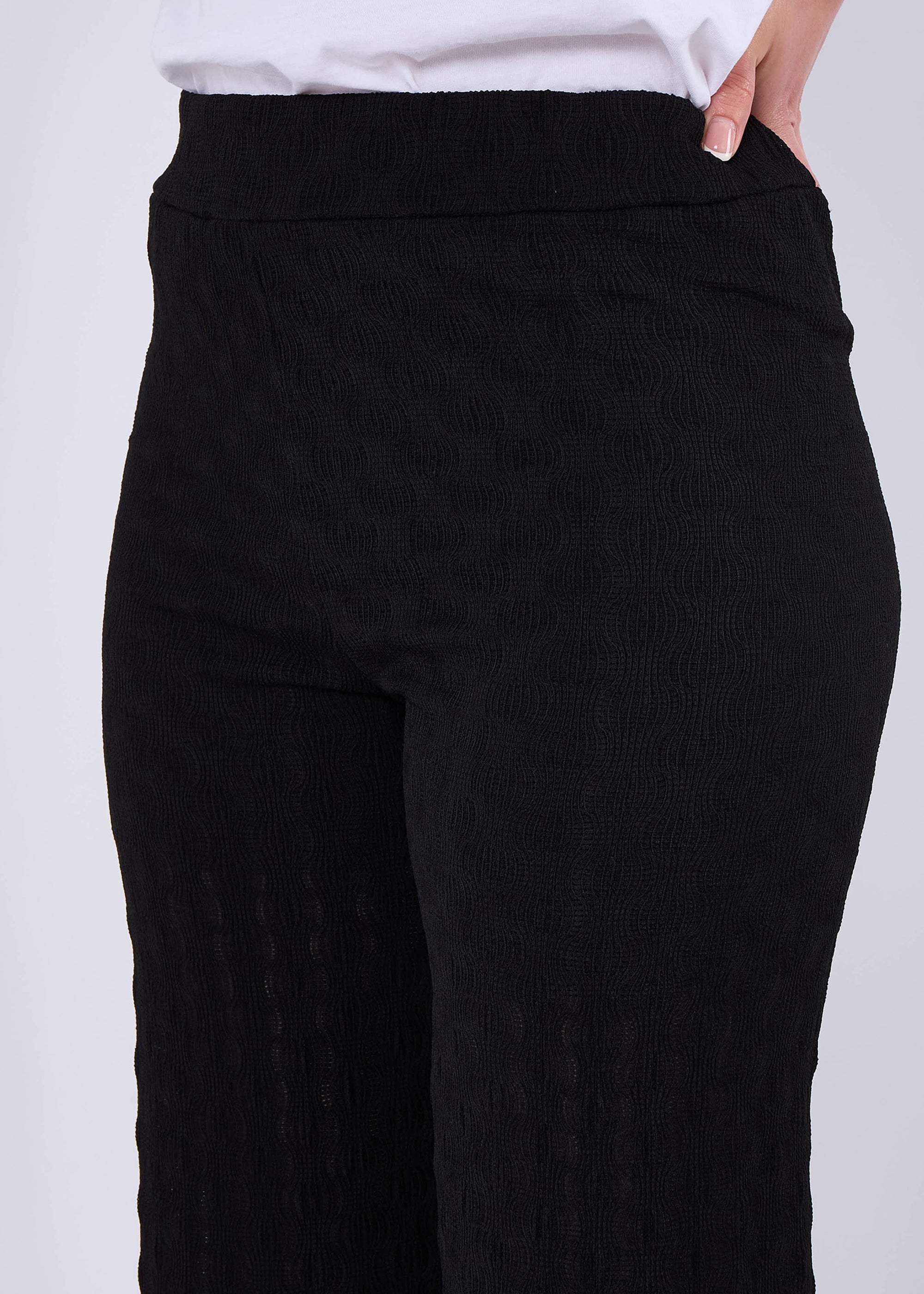 Black Textured Elasticated Waist Flared Trousers